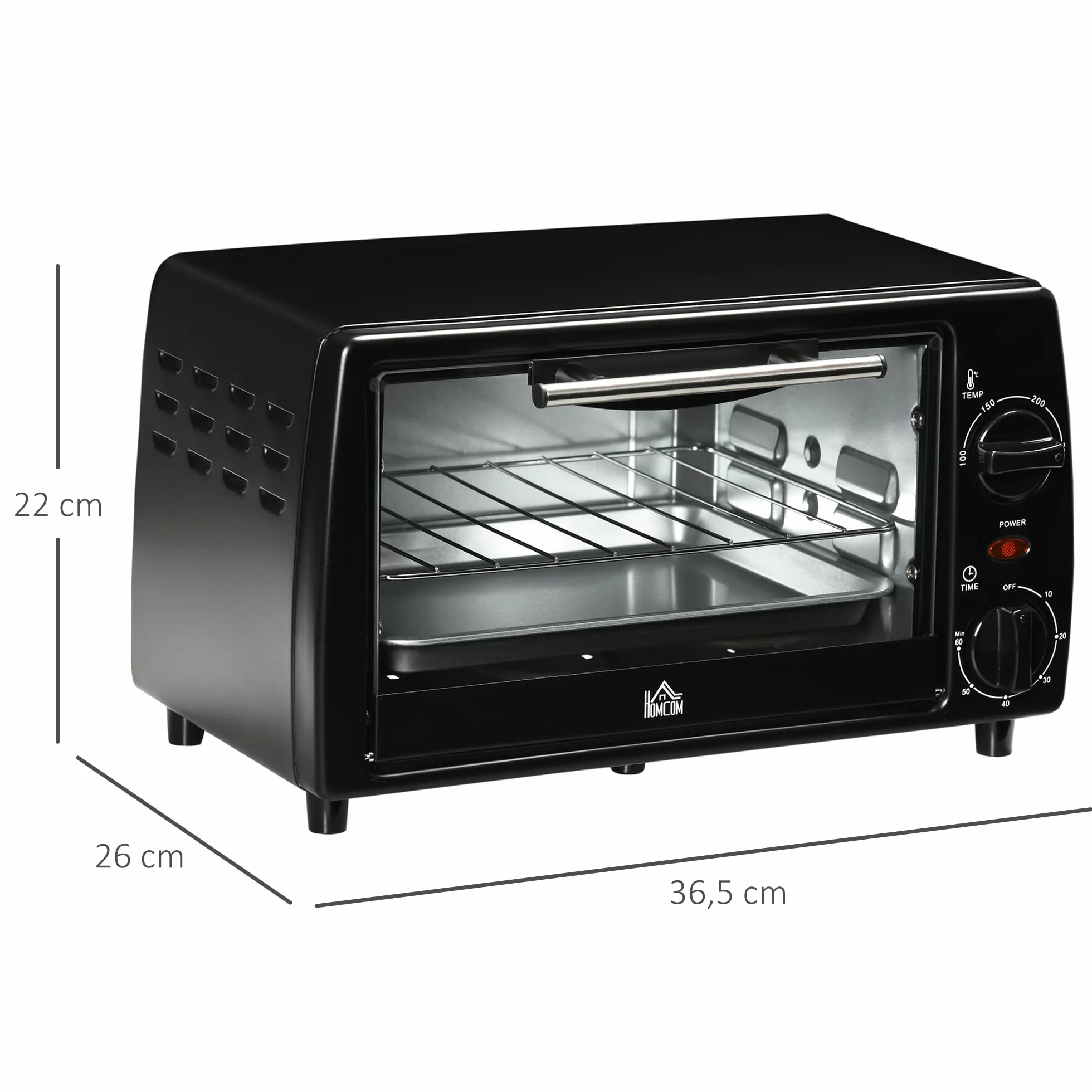 HOMCOM Mini piekarnik 10 l, 750 W, mały piekarnik elektryczny z temperaturą do 230°C, timer 60 minut, blacha do pieczenia i ruszt 36,5 x 26 x 22 cm, czarny