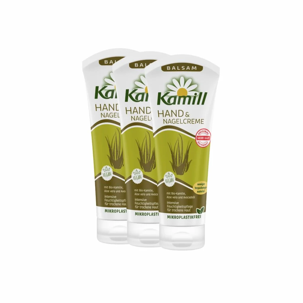 Kamill Krem-Balsam do Rąk i Paznokci (3 x 100 ml) – zapewnia intensywną pielęgnację, nawilżenie i ochronę dzięki olejowi z awokado i aloesowi dla suchych, zestresowanych rąk, bez mikroplastiku