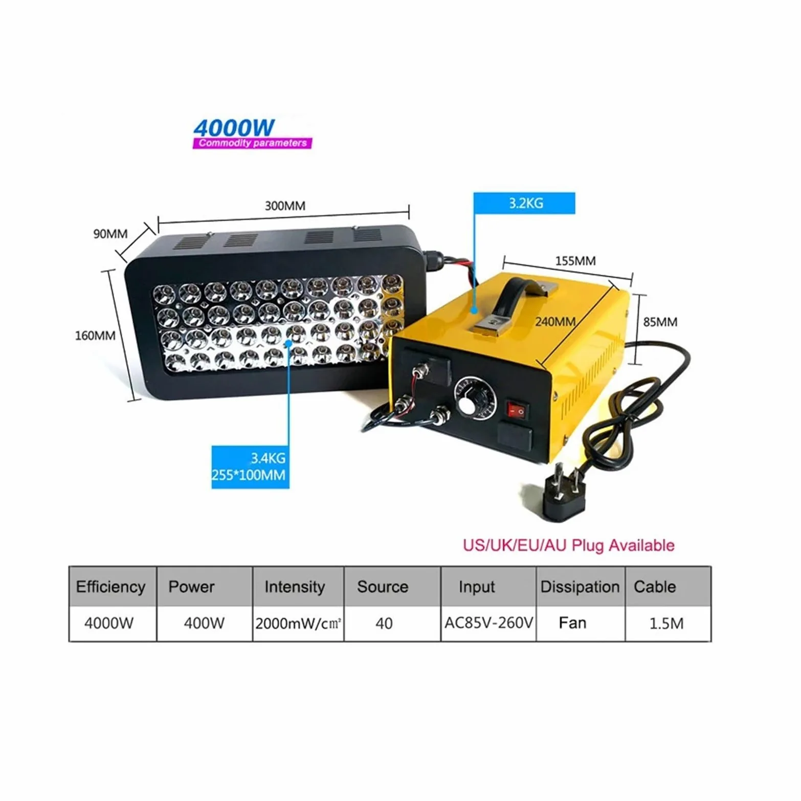 4000W Wysokiej Mocy Żywica UV Lampy Utwardzania Żelu Ręczna Maszyna Długość Fali Lakieru Farba 365NM LED Druk 3D Obudowa do utwardzania DIY(385nm)