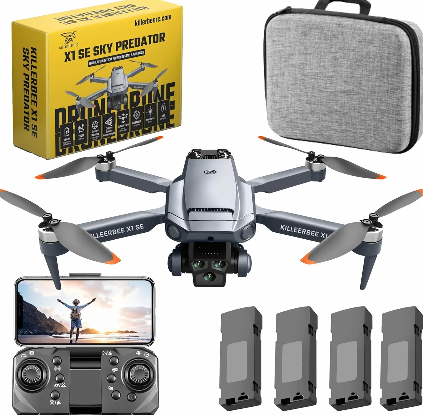 Killerbee X1 SE Sky Predator – dron z podwójną kamerą – dla dzieci i dorosłych – silniki bezszczotkowe – zestaw Ultra Fly More Combo – 48 minut czasu lotu – w zestawie torba i 4 akumulatory