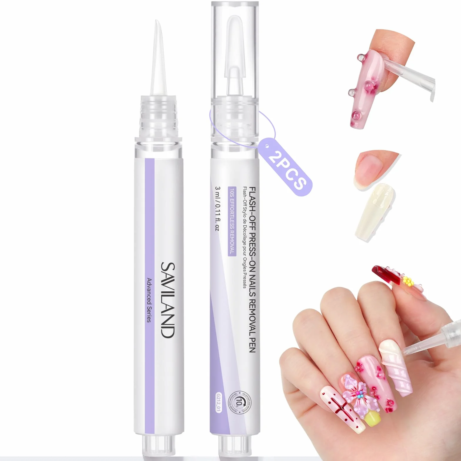 SAVILAND Advanced Press On Nail Polish Remover Pen: 10-sekundowy, bezproblemowy zmywacz do kleju do paznokci, 2 sztuki Click & Remove Nail Glue Remover do paznokci Press On