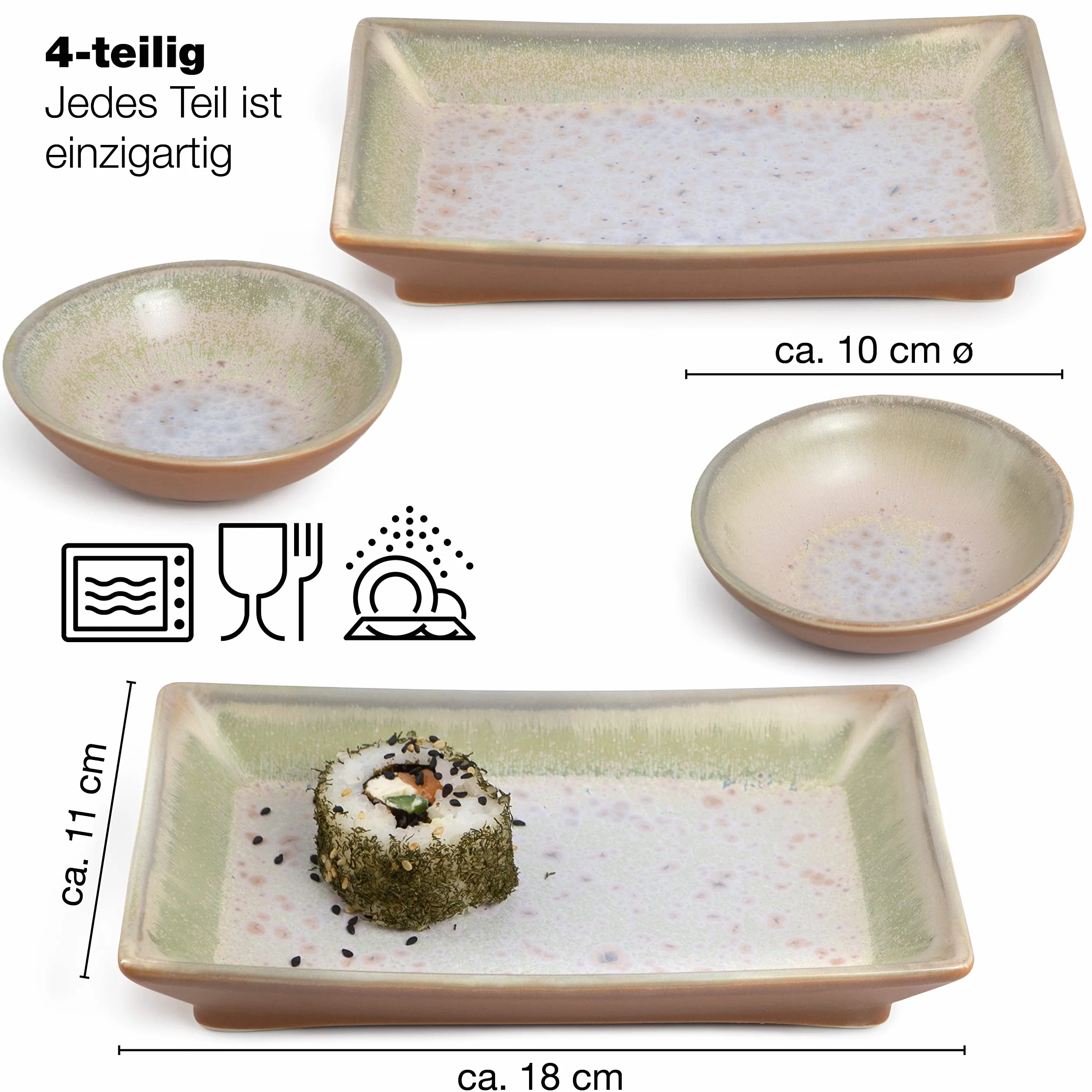 Moritz & Moritz 4-częściowy zestaw naczyń do sushi dla 2 osób – zestaw do serwowania sushi z 2 talerzami do sushi i 2 miseczkami do dipów – beżowo-fioletowy z reaktywną glazurą