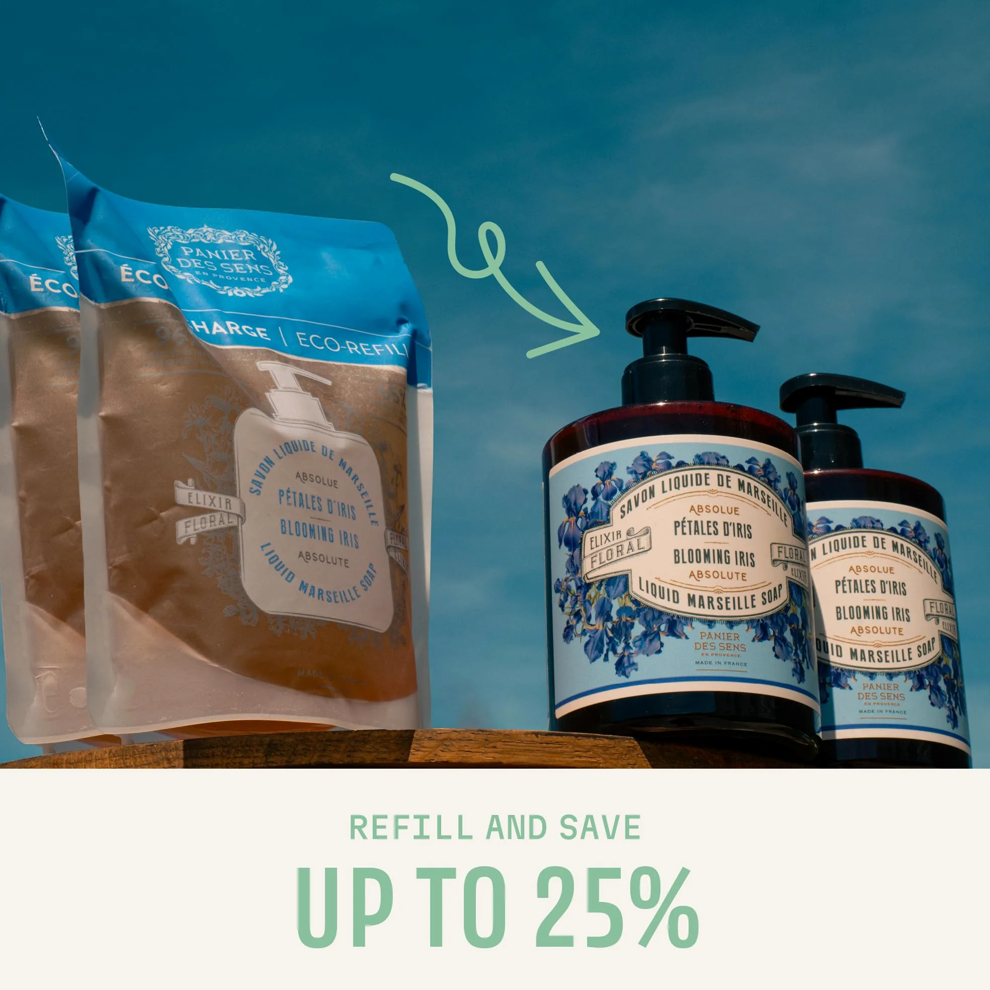 Panier des Sens 2 x 500 ml pachnące mydło w płynie do rąk – wkład uzupełniający, mydło marsylskie w płynie – wyprodukowane we Francji, 97% naturalny wkład do mycia rąk