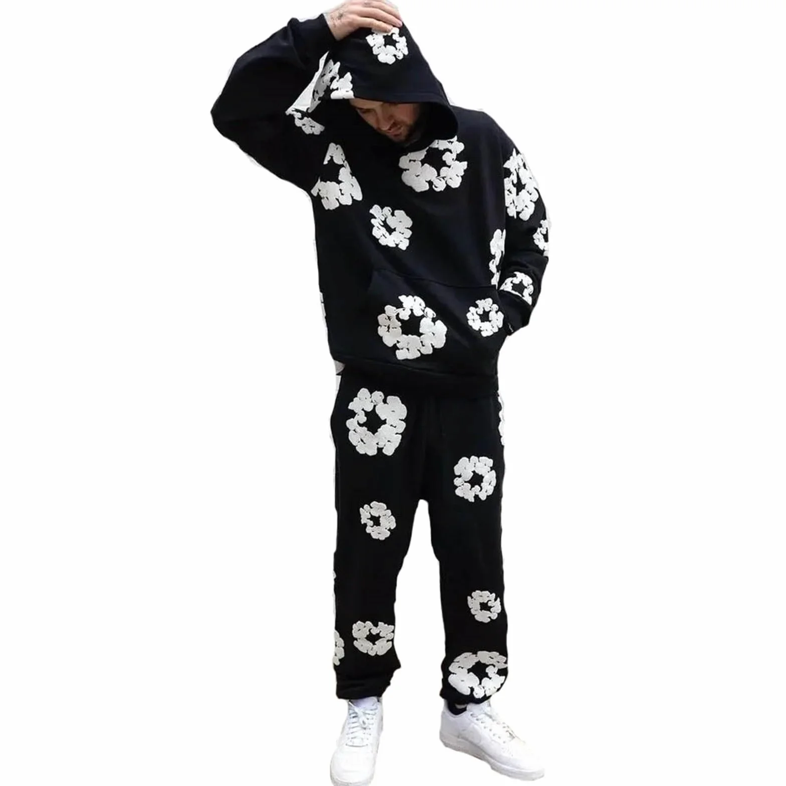 Generisch Męski dres do joggingu, z nadrukiem piankowym, Y2K, bluza z kapturem, 2-częściowy strój domowy, zimowy hip hop, streetwear, zestaw z kapturem i spodniami, modny, luźny dres treningowy dla