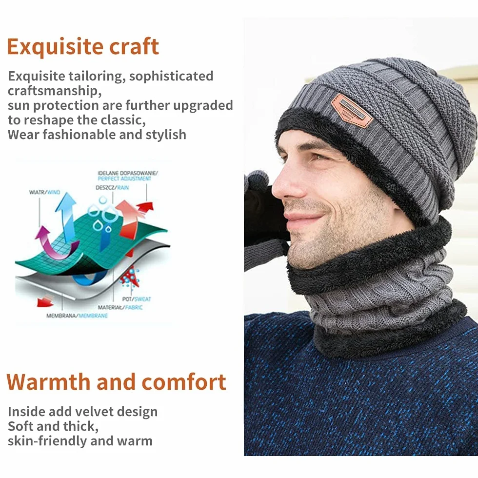 Zimowa czapka beanie, zestaw szalików, podszewka z polaru, ciepła dzianinowa czapka i ocieplacz na szyję, zimowa outdoorowa czapka narciarska i komin dla mężczyzn kobiet, szary, Rozmiar uniwersalny