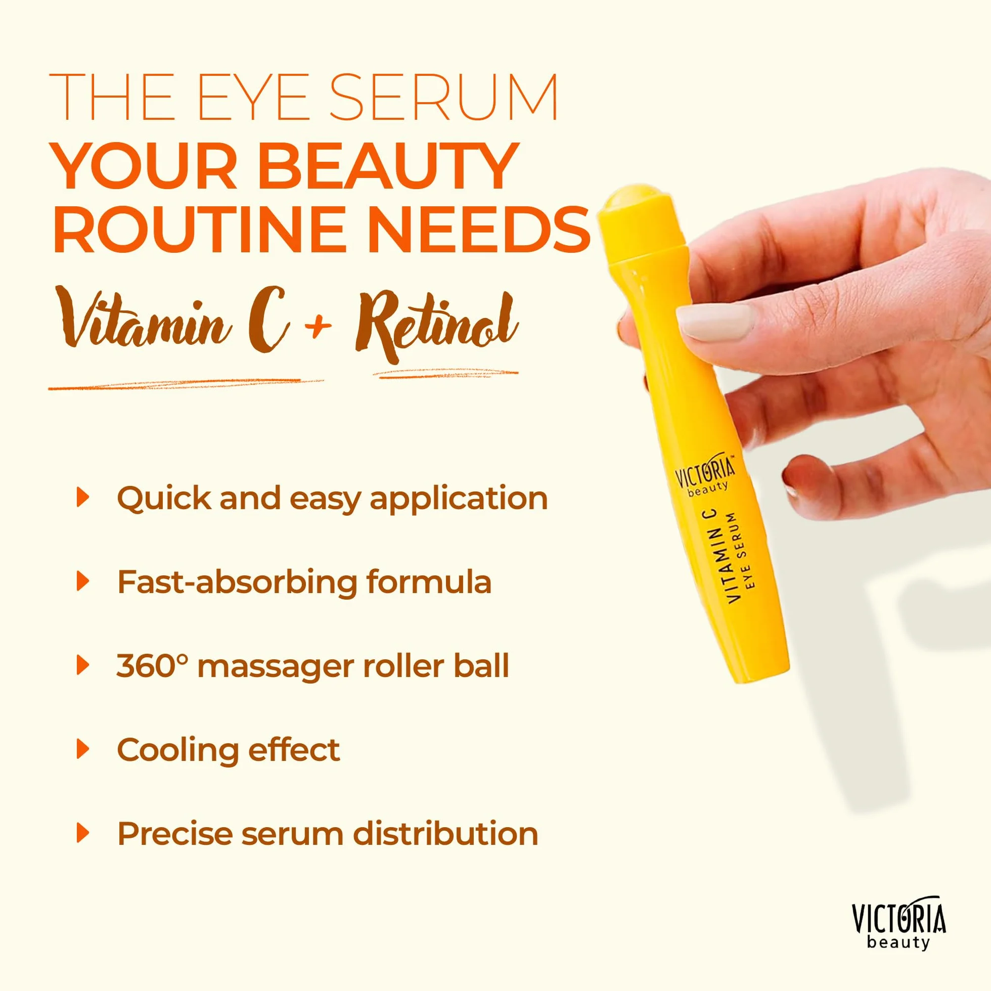 Victoria Beauty serum z witaminą C do oczu z rolką - na cienie pod oczami, obrzęki i worki pod oczami - z retinolem i witaminą E - 94% naturalne, 15 ml