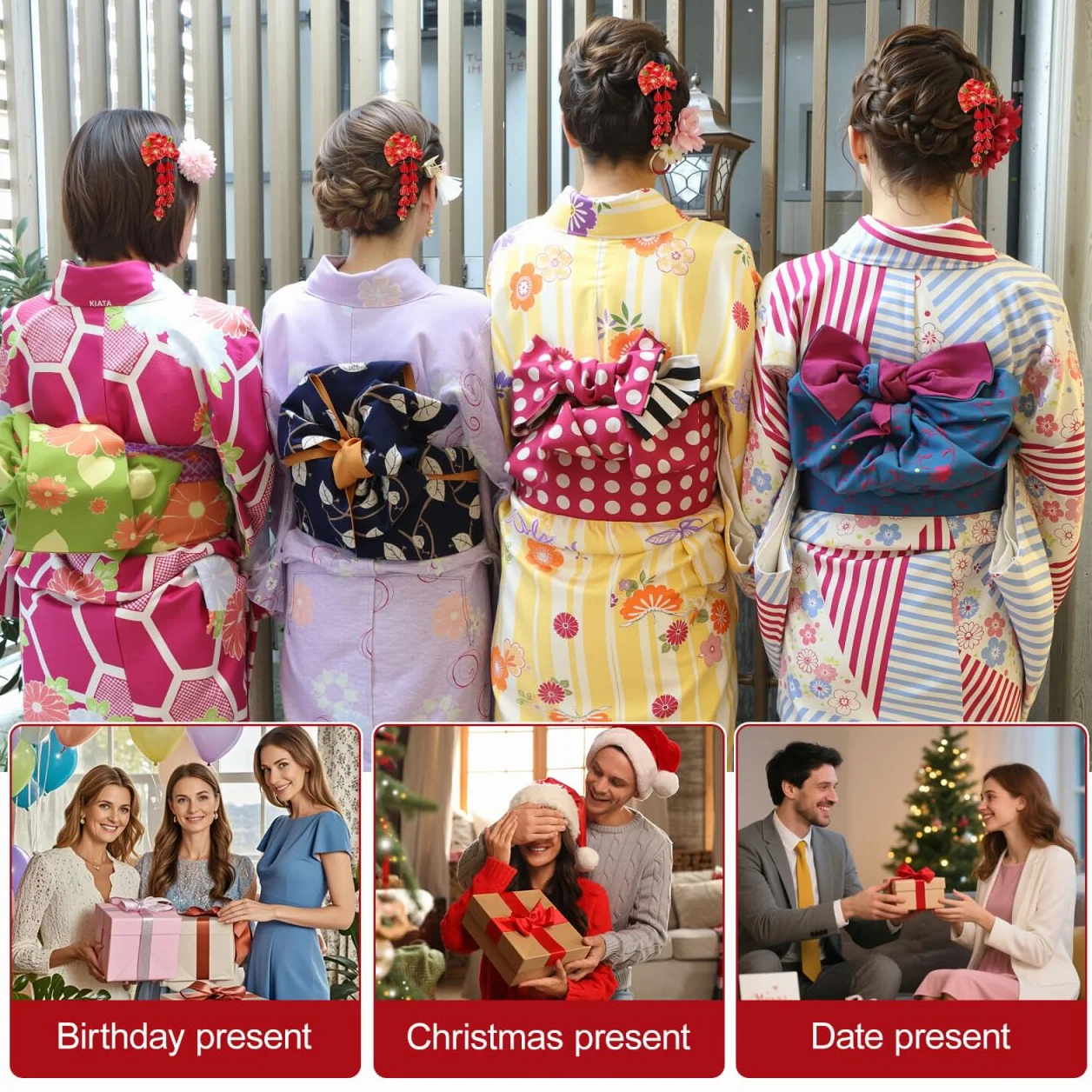LALAFINA Kimono spinka, włosy, japońskie długie frędzle, kwiaty, Hanfu, gejsza, Yukata, ozdoba do włosów, czarna
