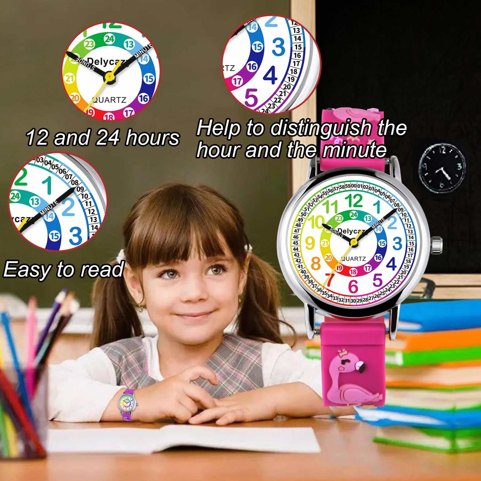 Delycazy Zegarek dla dzieci, 12 i 24-godzinny zegarek kwarcowy dla dzieci, dziewczynki, chłopiec, prezent dla dziewczynki, chłopiec 4, 5, 6, 7, 8 lat