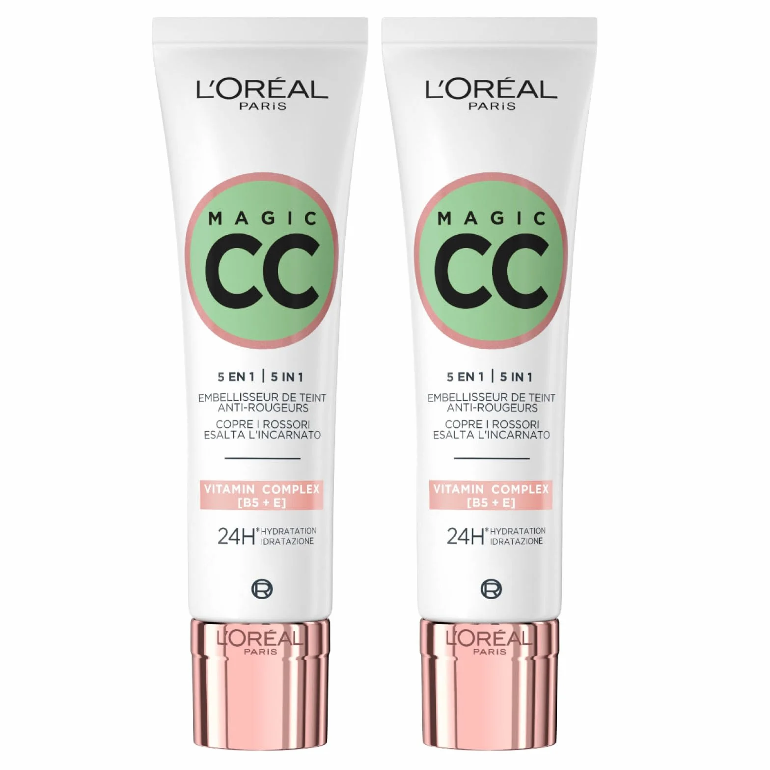 L'Oréal Paris Magic CC Cream 24H krem nawilżający zielony krem nawilżający 5 w 1, uniwersalny odcień o długotrwałej aksamitnej skórze, 2 butelki po 30 ml