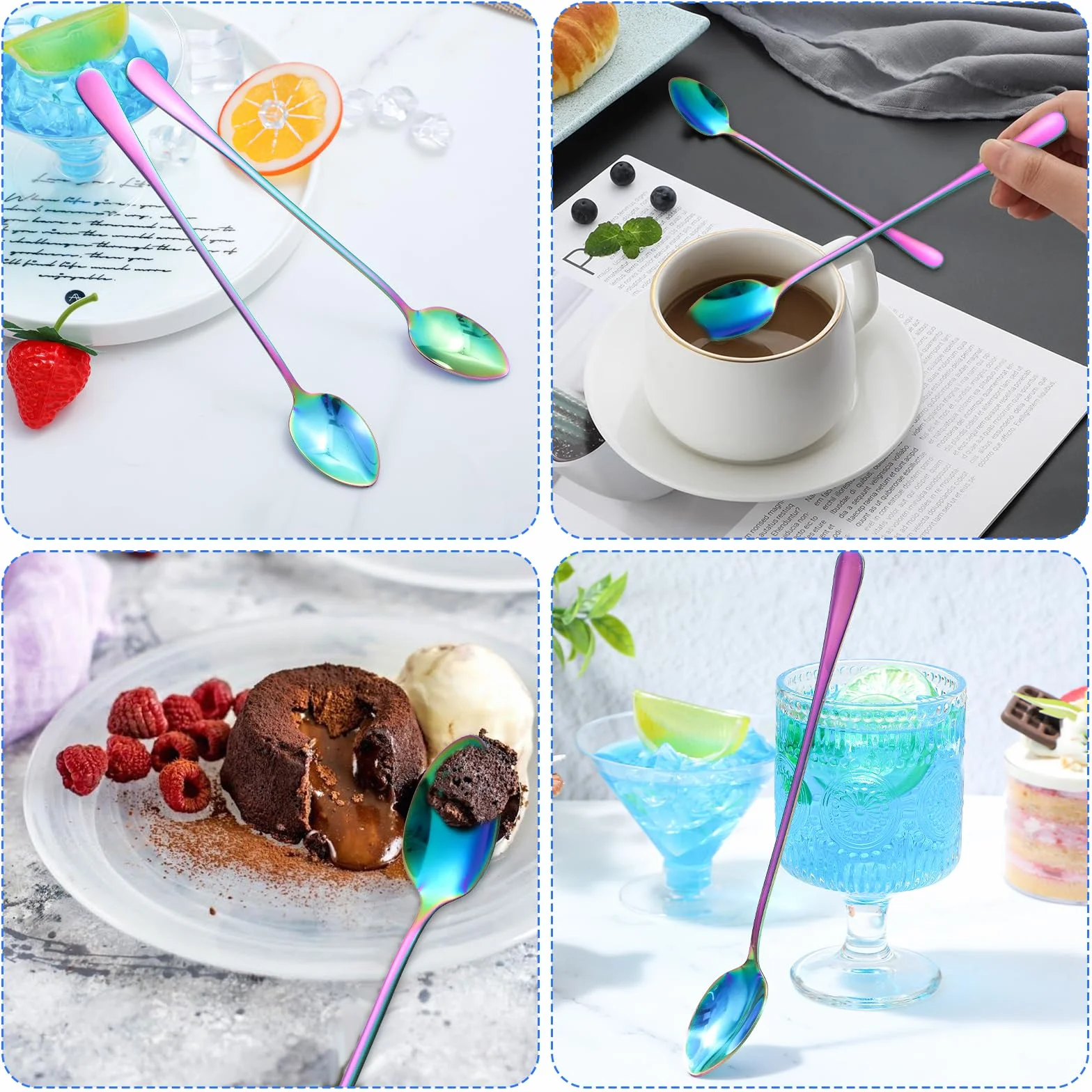 4 długie łyżki do lodów ze stali nierdzewnej, Sundae Spoons, wytrzymałe i trwałe, zestaw łyżek do latte macchiato do koktajli, deserów, macchiato, Sundae, 19,5 cm, kolorowe łyżki do