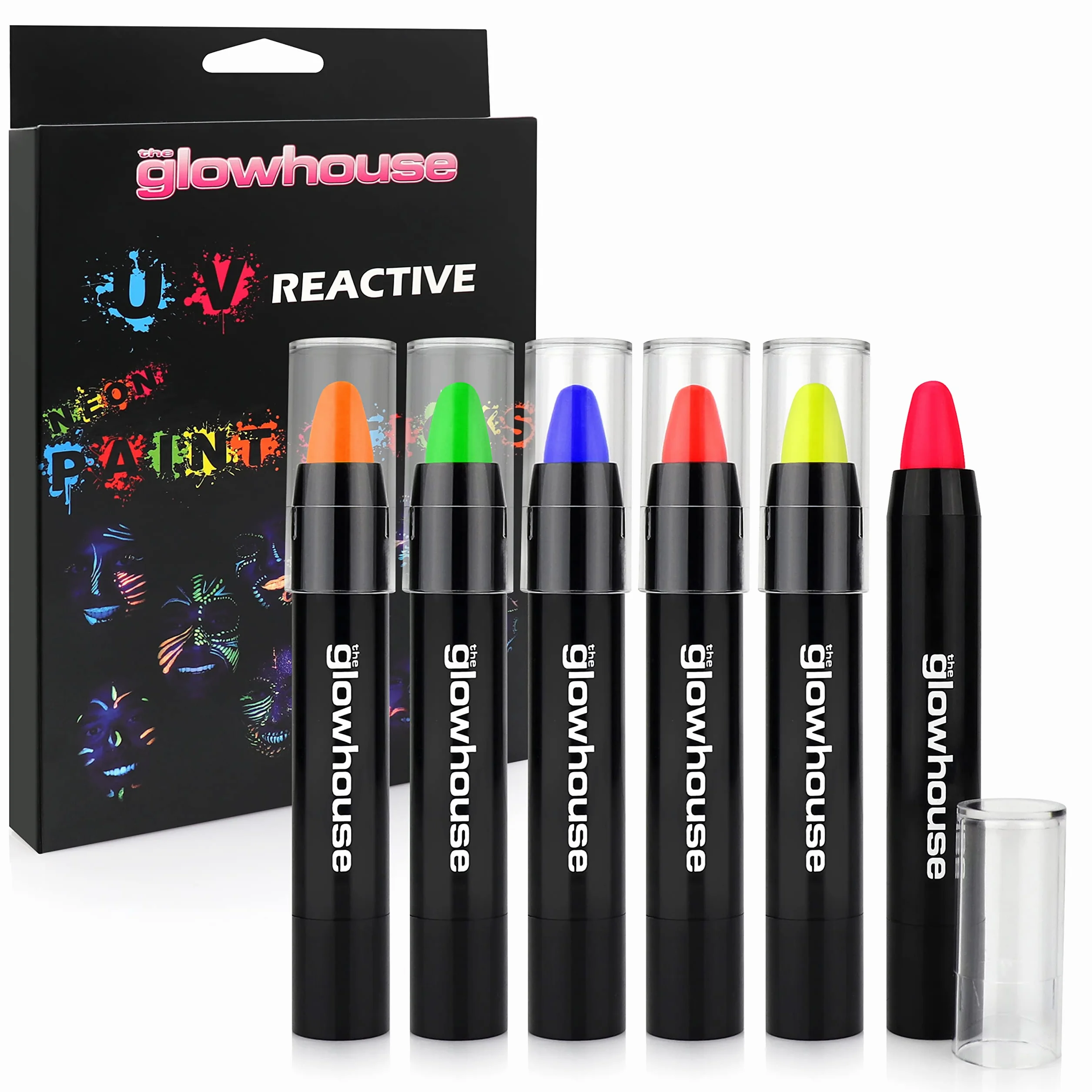 The Glowhouse UV Neonowa farba do twarzy i lakier w sztyfcie (zestaw 6 szt.) Fluorescencyjny, najjaśniejszy blask w promieniach UV!
