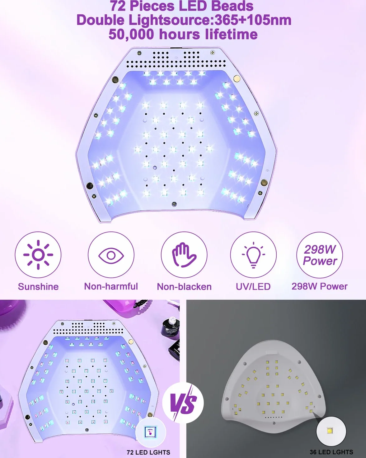 298W LED UV Lampe nägel, UV Lampe für Gelnägel, Nagel Lampe mit 4 Timern, LCD-Display, Sensor, Abnehmbarer Basis, Nageltrockner, LED Nagellampe für Shellac Nägel, Lila