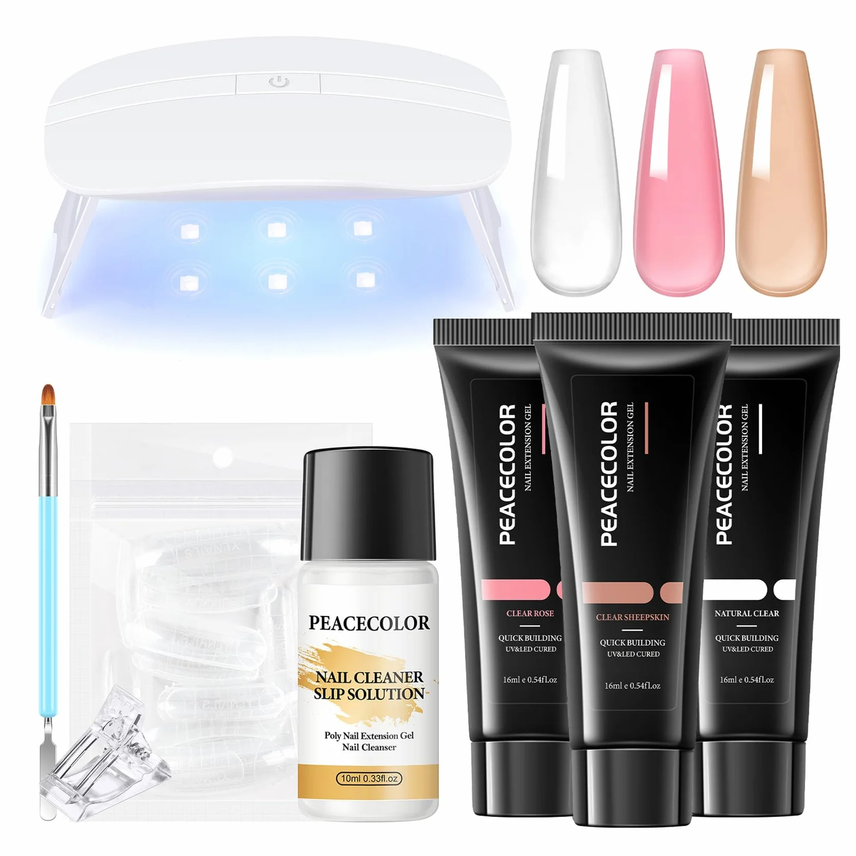 PEACECOLOR Żel do przedłużania paznokci zestaw 8 sztuk, 3 x 16 ml Poly żel do paznokci z lampą do paznokci i rozwiązaniem Slip, zestaw do paznokci żelowych z różą, biały, nude dla majsterkowiczów dla