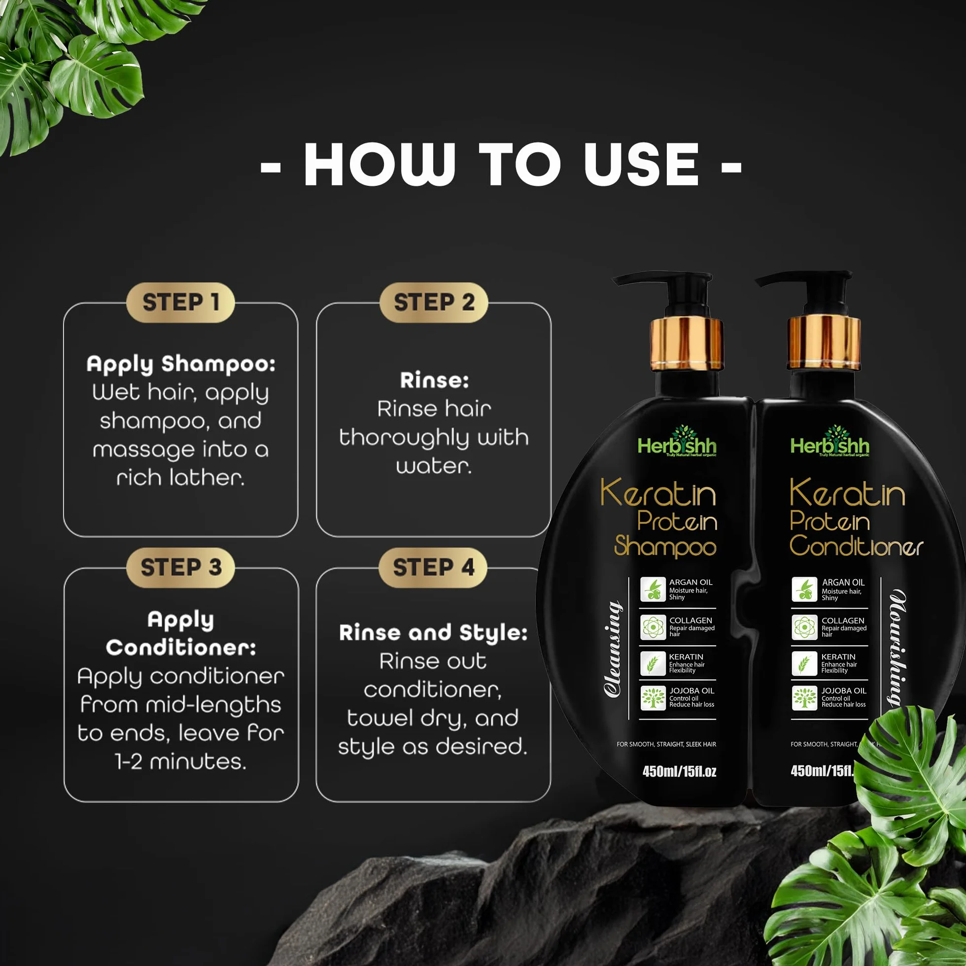 Herbishh Keratin Shampoo and Conditioner Set – Hydrating Keratin Shampoo & Nourishing Conditioner for Dry Damaged Hair – Sulfate Free – Plant Based Keratin Shampoo Conditioner – Safe & Effective