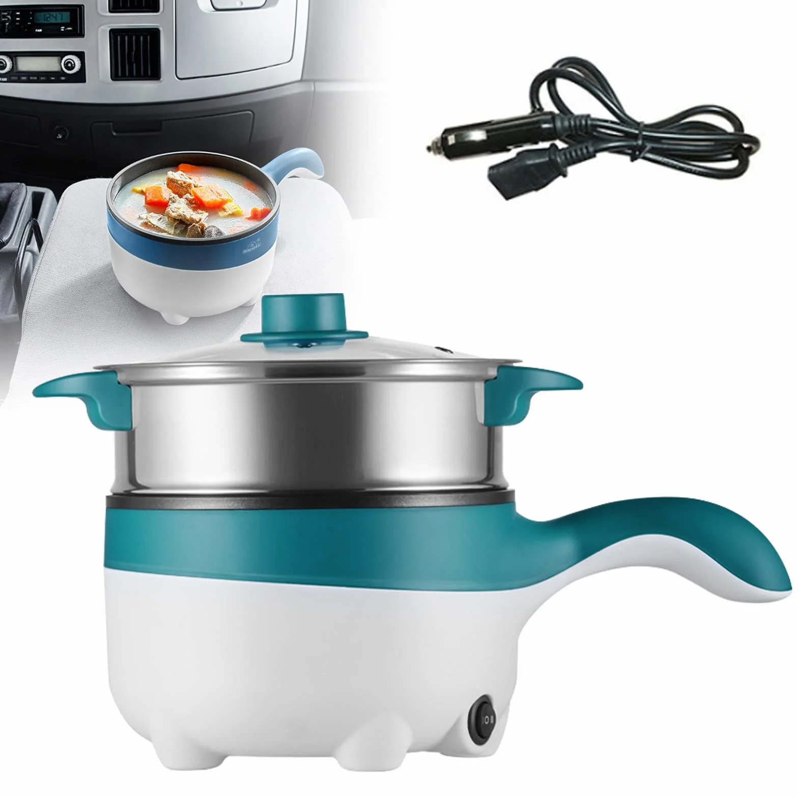 APENCHREN 2L Elektryczna patelnia Non-stick Hot Pot z parowcem - samochód/pojazd/ciężarówki itp. (12V/24V), Elektryczna patelnia/patelnia do smażenia, pieczenia, gotowania Ramen,12VGreen