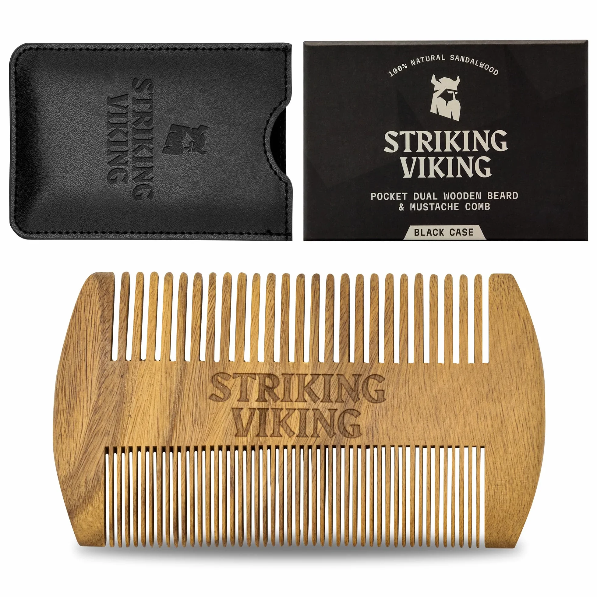 Striking Viking Grzebień do brody i etui z drzewa sandałowego - Kieszonkowy drewniany grzebień do brody i wąsów z drobnymi i grubymi zębami - Idealny do stosowania z balsamami i olejkami - (czarny)