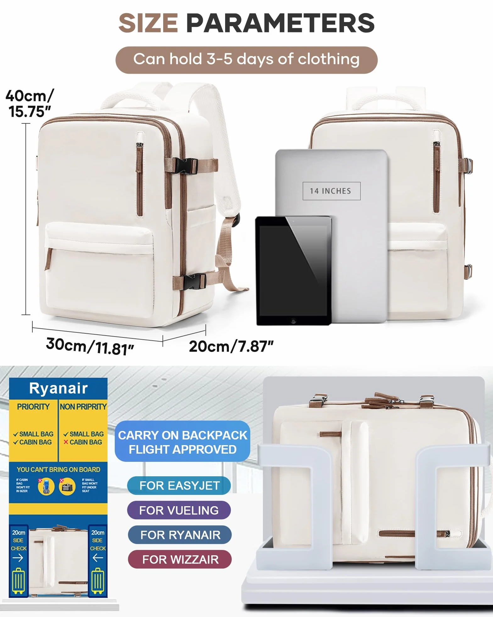 BJLFS plecak próżniowy z pompką 40x30x20 Bagaż Podręczny 40x30x20 Plecak do Ryanair Plecak Podróżny Ryanair 40x20x25 do Samolotu Cabin Bag 20L Easyjet Cabin Bag 45x36x20 Wodoodporna Torba na Laptopa