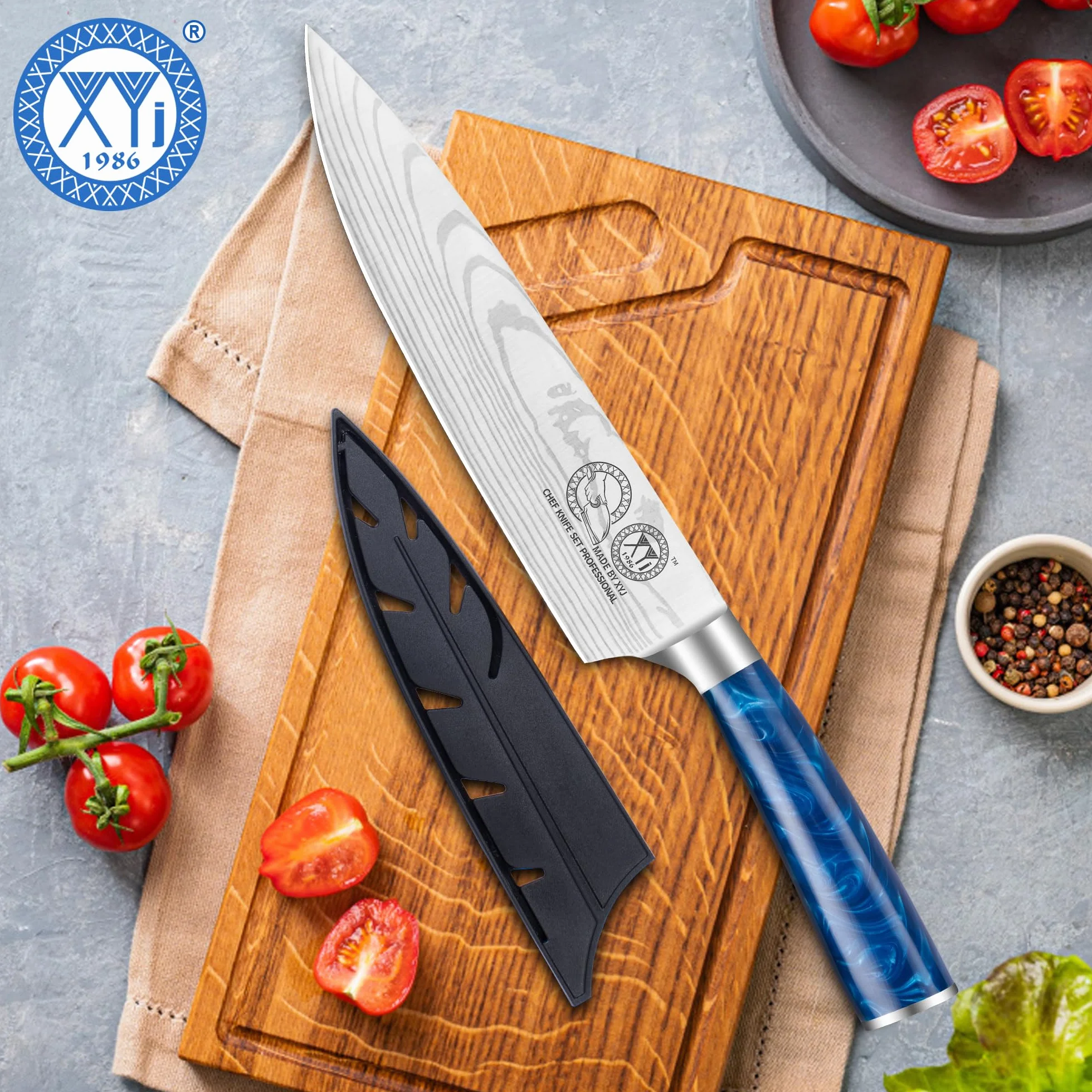 XYJ Professional Japanese Chef Knife 8 Inch Stainless Steel,Vein Damascus Pattern Sharp Blade,Meat Cleaver,Slicing Cooking Kitchen Knife With Sheath,Portable Outdoor Camping BBQ