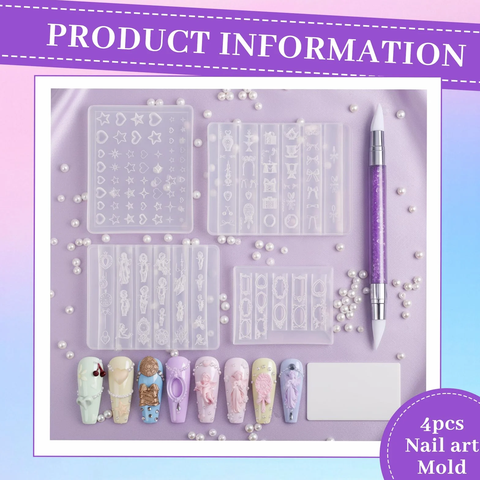 Nails Mold, 4 szt. Stempel do paznokci Zestaw z żelem 3D Nail Art Silikonowy kształt Motywy Y2K, szablony do stempli do paznokci