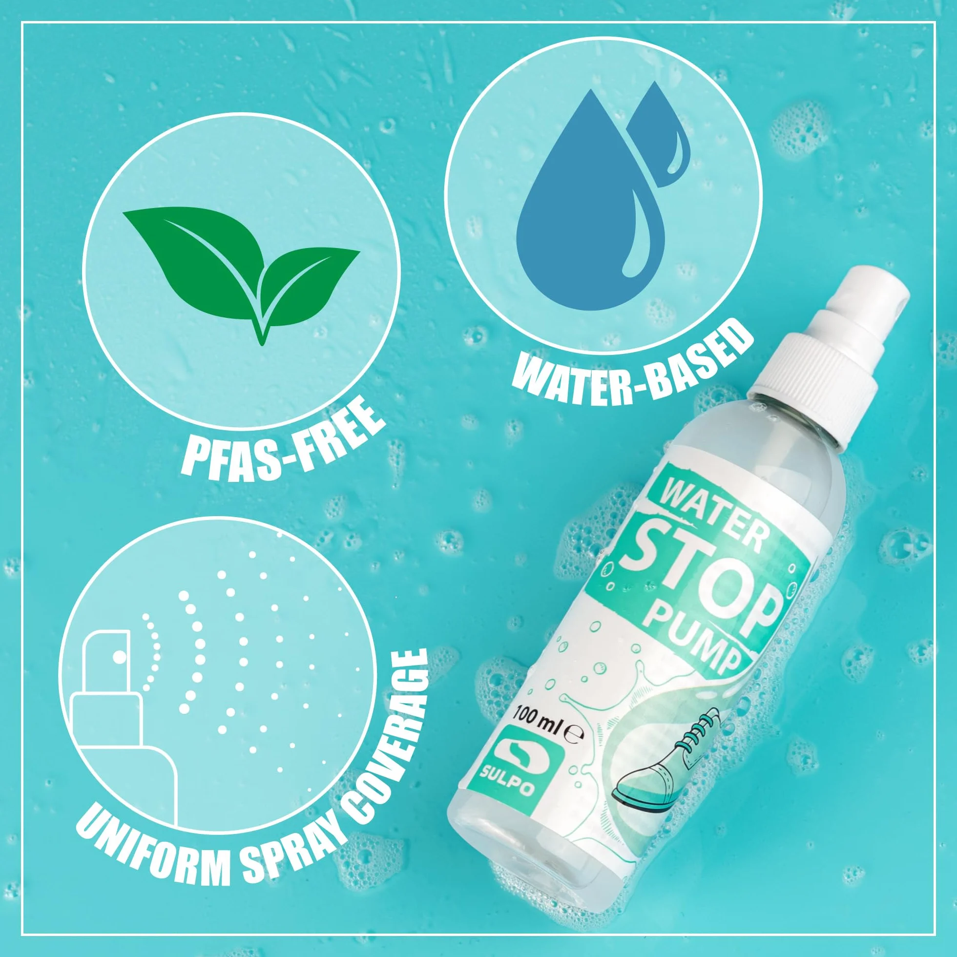 SULPO Impregnat do butów – Ochrona WATER STOP do obuwia, tkanin i skóry – Do sneakersów, odzieży outdoorowej, dziecięcych i zwierzęcych akcesoriów 2 x 100 ml