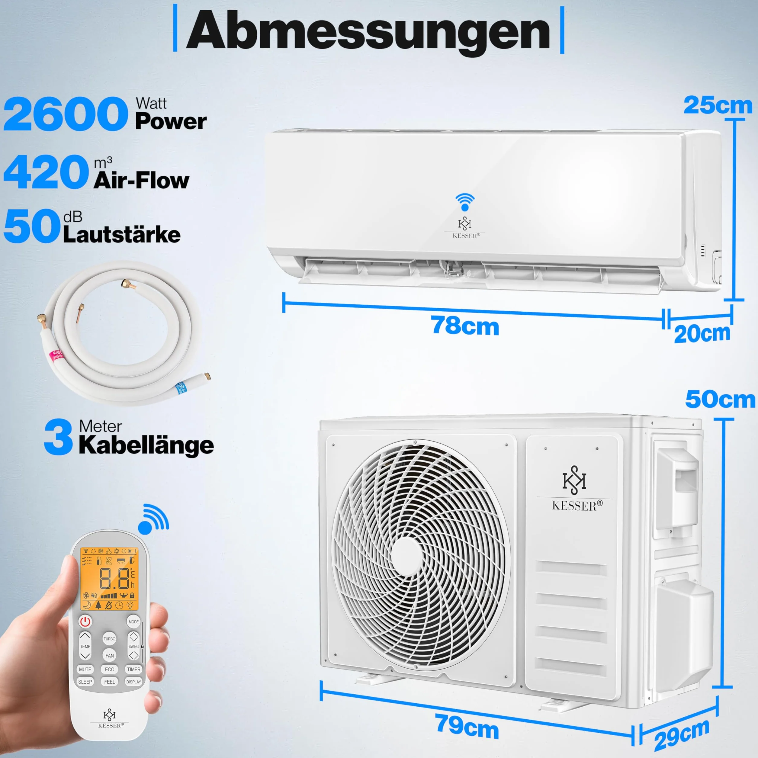 KESSER Zestaw klimatyzacji Split – z funkcją WiFi / aplikacji – chłodzenie A++/ ogrzewanie A+ – 9000 BTU/h (2600 W), bardzo cichy, czynnik chłodniczy R32 – pilot zdalnego sterowania, funkcja timera
