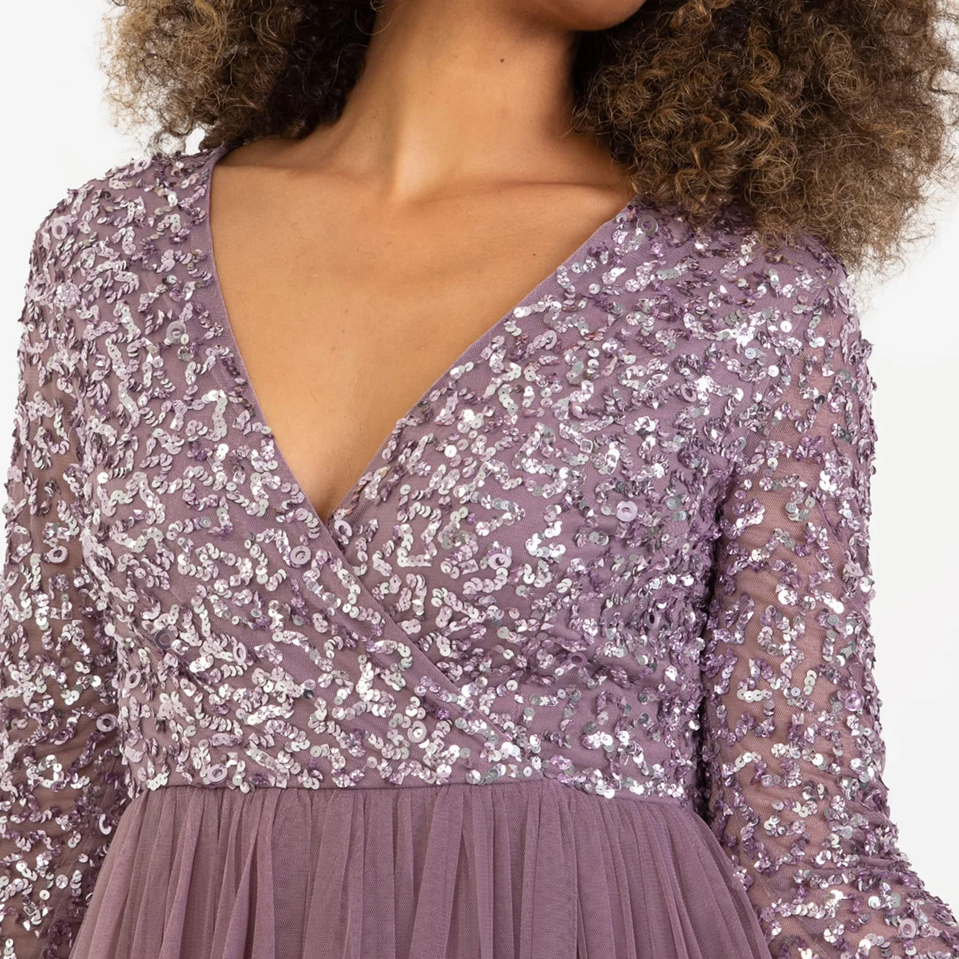 Maya Deluxe Sukienka druhny Kobiety Maya Deluxe Womens Ladies Wedding Guest Midi Dress Long Sleeve Plunging Neckline V Neck Sequin Embellished Graduation (1 w zestawie)