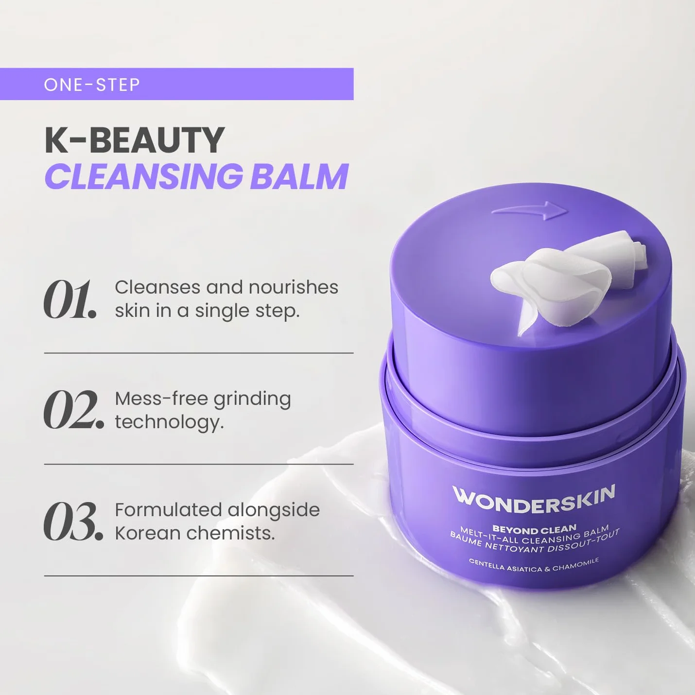 Wonderskin Cleansing Balm - Melt It All Balm to Milk Mleczko do demakijażu, delikatnie nawilżający płyn do mycia twarzy z wąkrotką azjatycką i rumiankiem