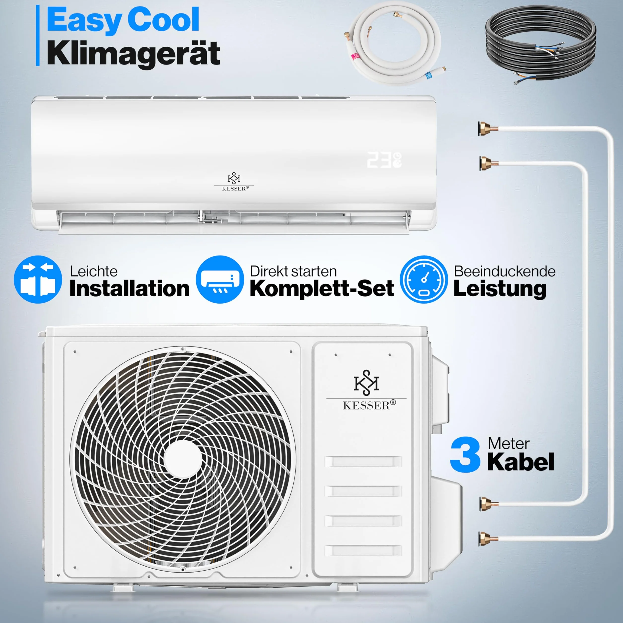 KESSER Zestaw klimatyzacji Split – z funkcją WiFi / aplikacji – chłodzenie A++/ ogrzewanie A+ – 9000 BTU/h (2600 W), bardzo cichy, czynnik chłodniczy R32 – pilot zdalnego sterowania, funkcja timera