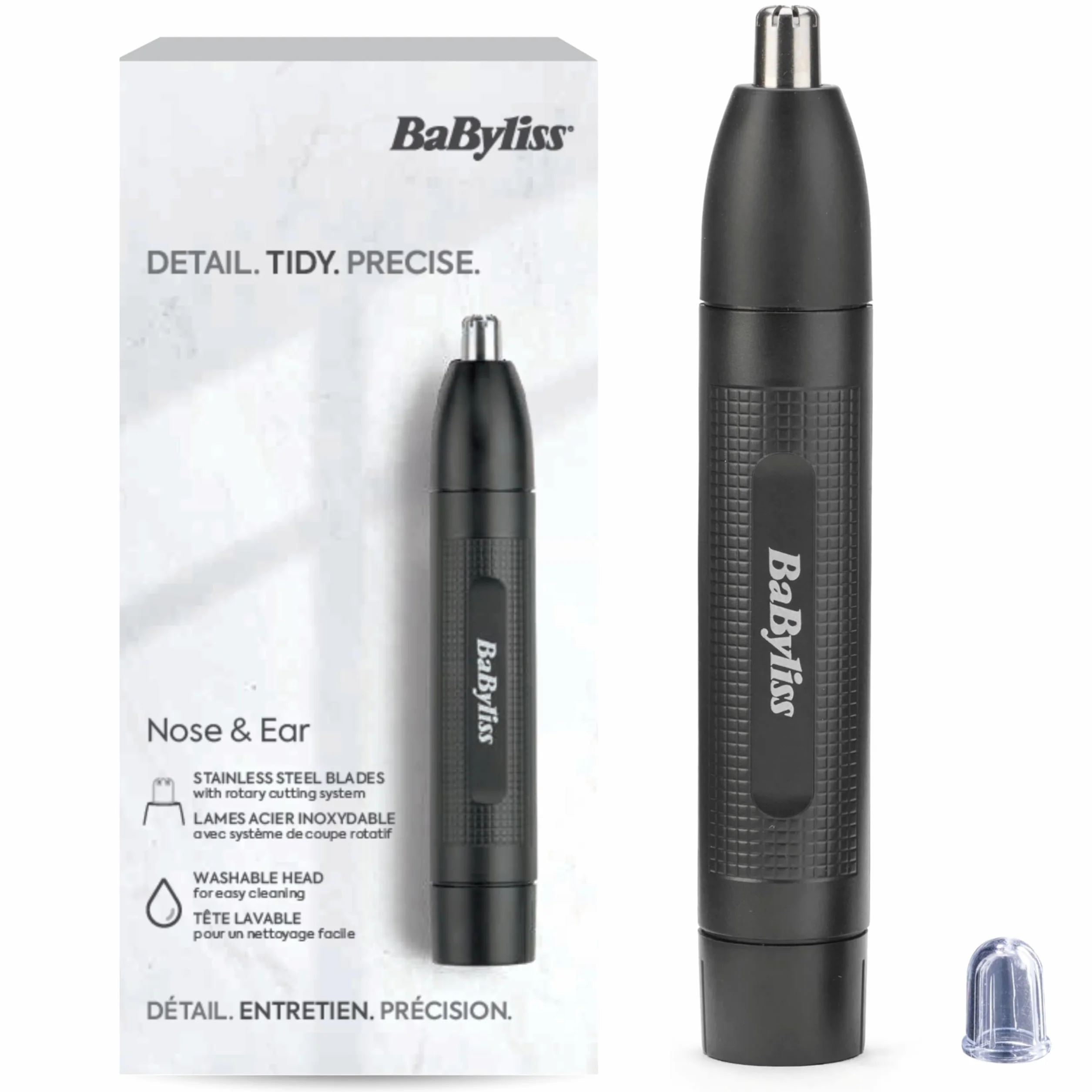 BaByliss Trymer do nosa i uszu - precyzyjny system 2 ostrzy, zasilany bateryjnie, stal nierdzewna, łatwe do czyszczenia zdejmowane nakładki, czarny, E650E