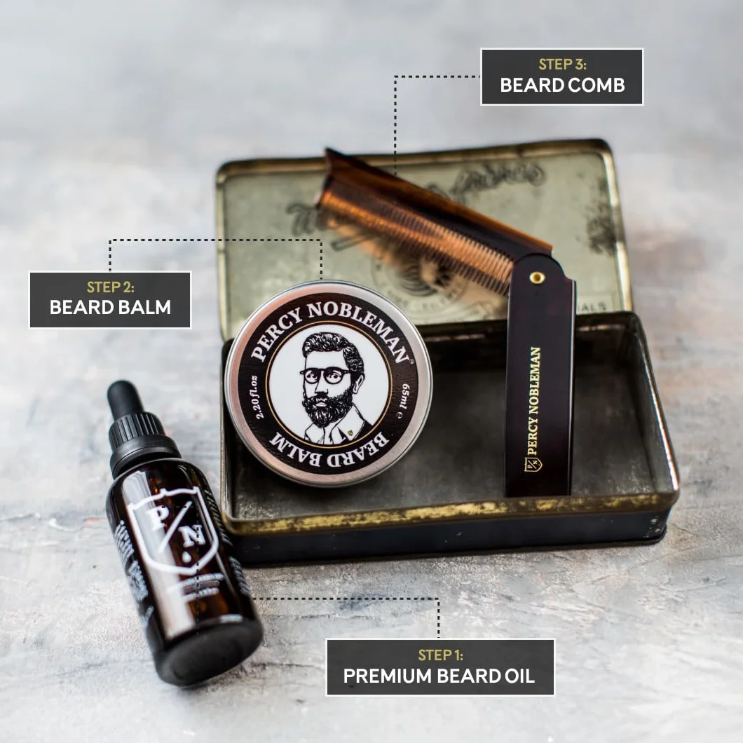 Zestaw do pielęgnacji brody Premium Percy Nobleman, zestaw do pielęgnacji brody z limitowanej edycji, zawierający olejek do brody, balsam do brody i składany grzebień
