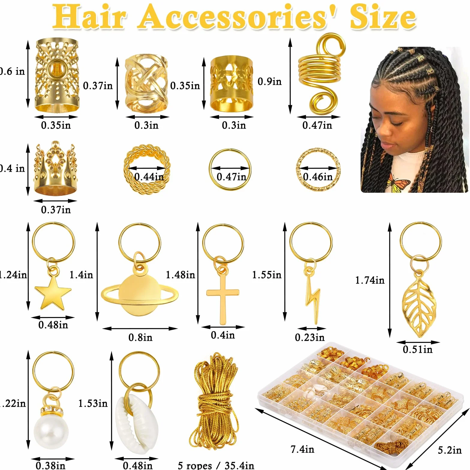 Lucomb 259 sztuk Hair Jewelry for Braids, Loc Jewelry for Hair Dreadlock, Hair Jewelry for Women, Metal Gold Braids Ring Cuffs Cuffs Clip for Dreadlock Accessories Hair Braids Jewelry Decorations