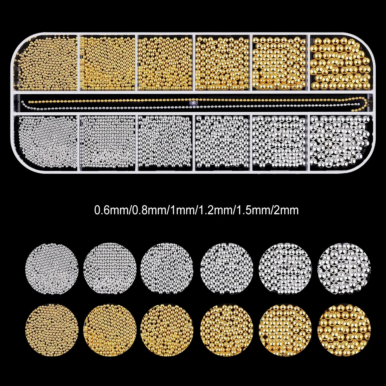 Mini koraliki do paznokci, 1-3 mm, metalowe koraliki kawiorowe, srebrne i złote, koraliki do zdobienia paznokci, mikrokawior do paznokci, cyrkonie do dekoracji manicure