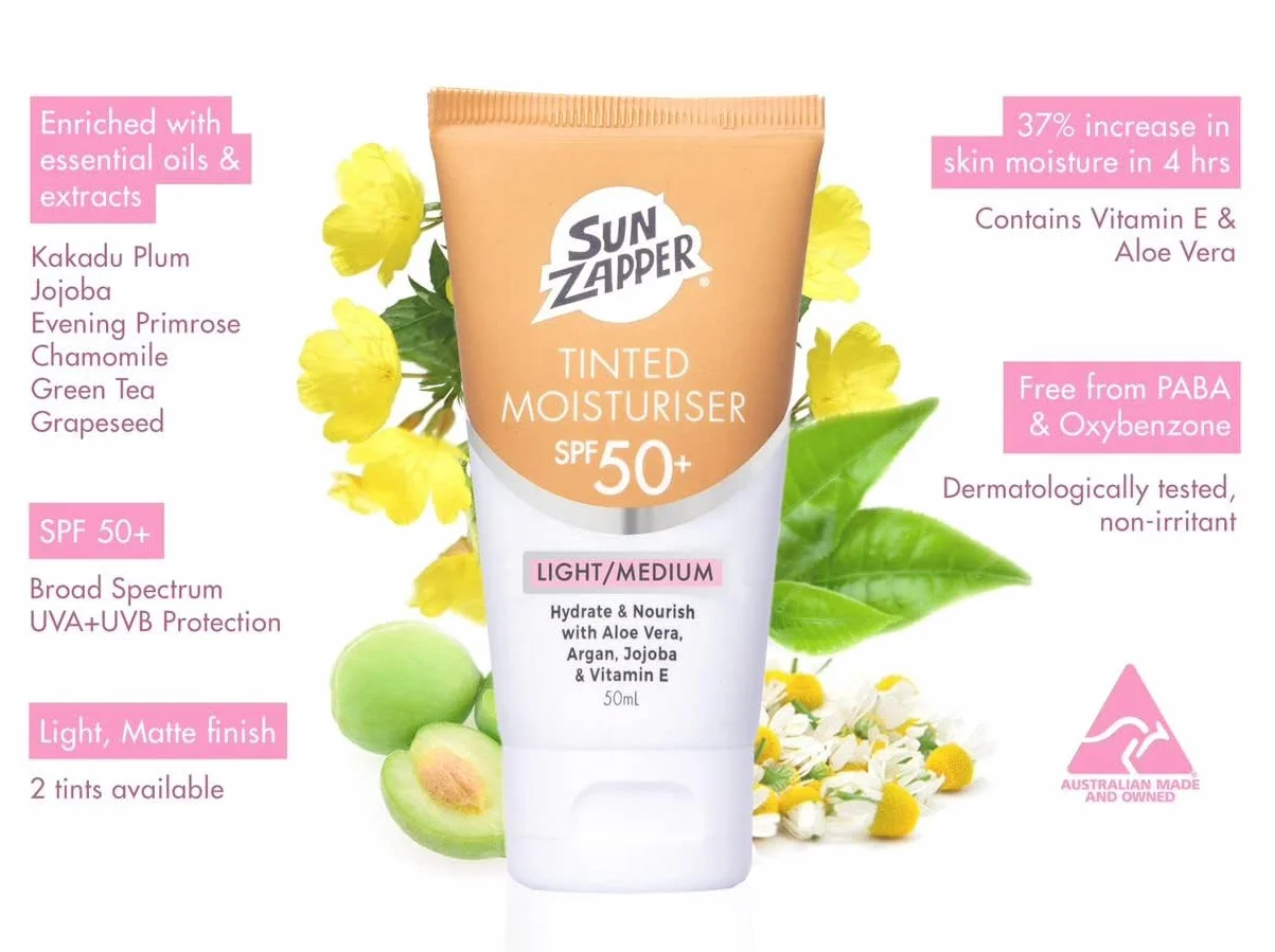 Sun Zapper BB Cream Tinted Sunscreen – SPF 50+ Moisturizer with Aloe Vera, Kakadu Plum, Jojoba, Witamina E, lekki, średni odcień, 50 ml, wyprodukowano w Australii