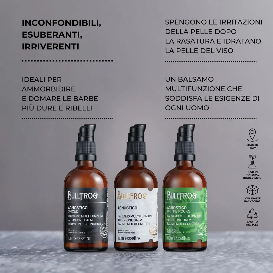 Bullfrog – Agnostico Legends zestaw balsamów: Oryginalny, Spiced i On The Rocks. Niekonwencjonalne i żywe zapachy, zmiękcza brodę i włosy, nawilża i uspokaja, 3 x 100 ml