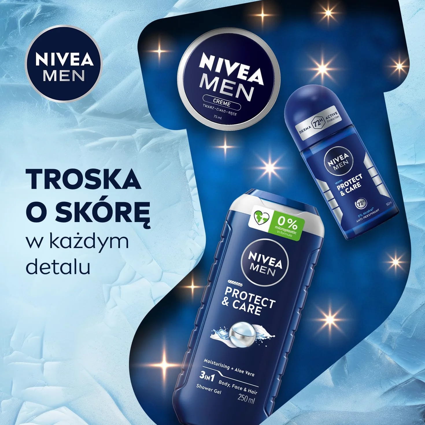 NIVEA MEN Caring Comfort Świąteczny prezent - Zestaw kosmetyków dla mężczyzn do twarzy i ciała: anyperspirant roll on, żel pod prysznic i krem nawilżający Creme