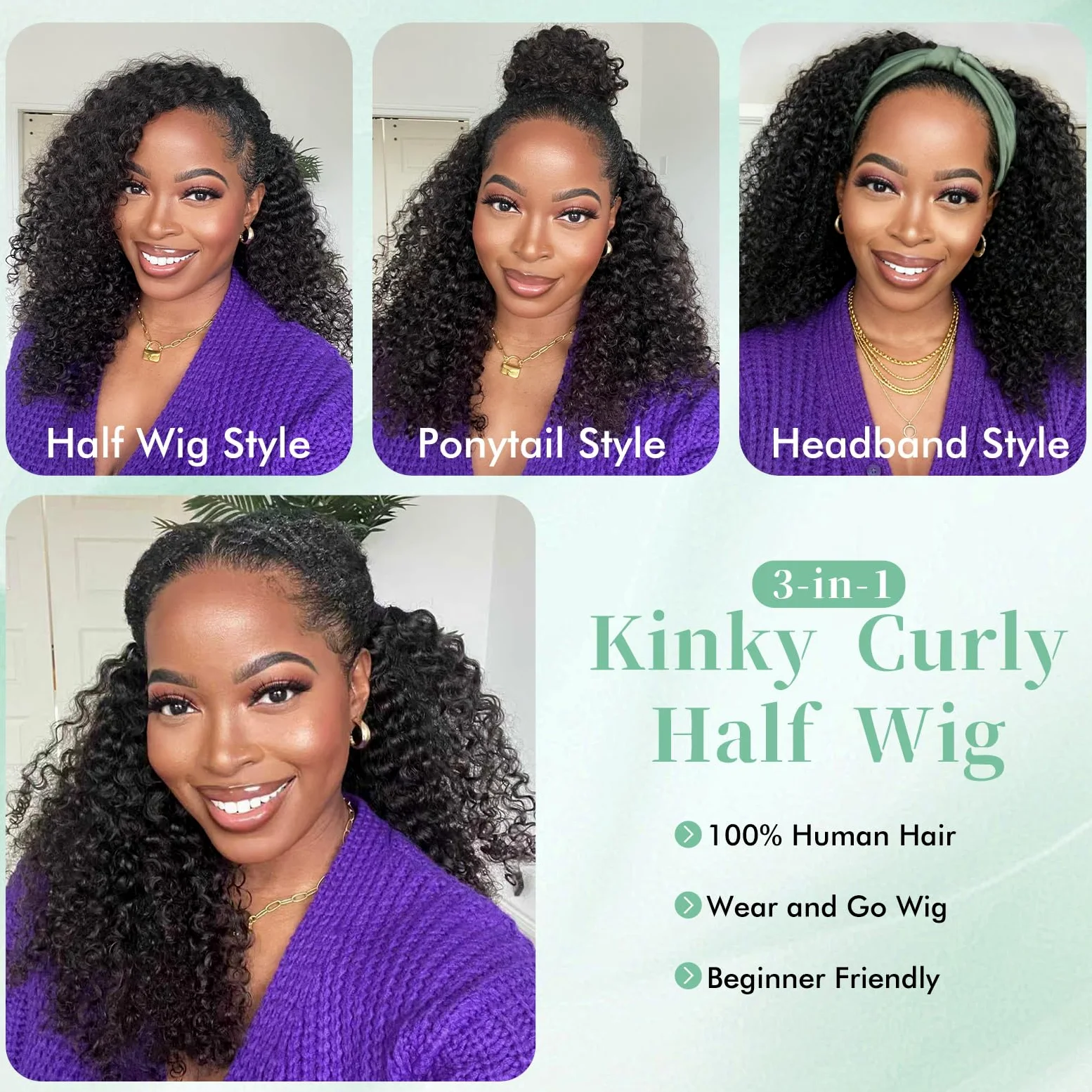 Kinky Curly Half Wig Human Hair 180% Density 3 In 1 Seamless Flip Over Half Wigs Human Hair Glueless Wear and Go Kinky Curly Wig with Drawstring Headband Wigs for Women Invisible Hairline 16 Inch