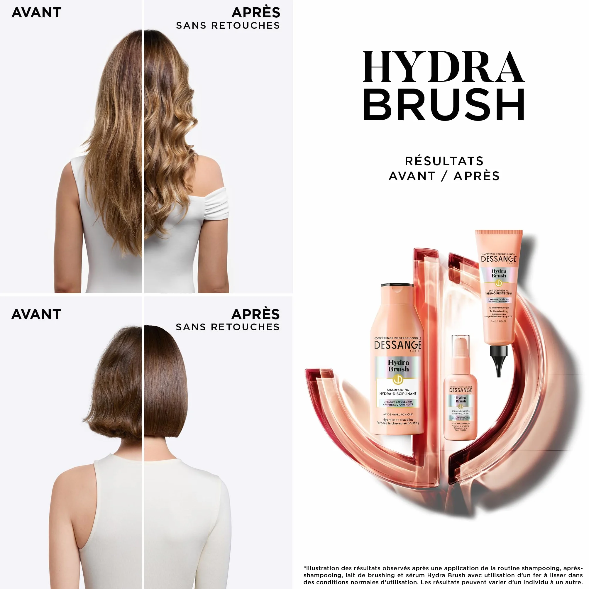 DESSANGE - Zestaw nawilżający i dyscyplinujący Hydra Brush - Dyscyplinujący szampon + Termoprotekcyjne mleko do Brushingu + 48H* Anti -Frizz Finish Serum - Formuła wzbogacona kwasem hialuronowym*