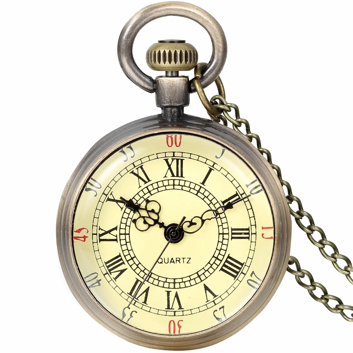 JewelryWe Retro vintage rzymskie cyfry tarcza kwarcowy przezroczysta szklana pokrywa zegarek kieszonkowy długi naszyjnik wisiorek 80 cm łańcuszek (z torbą na prezent), Złoty