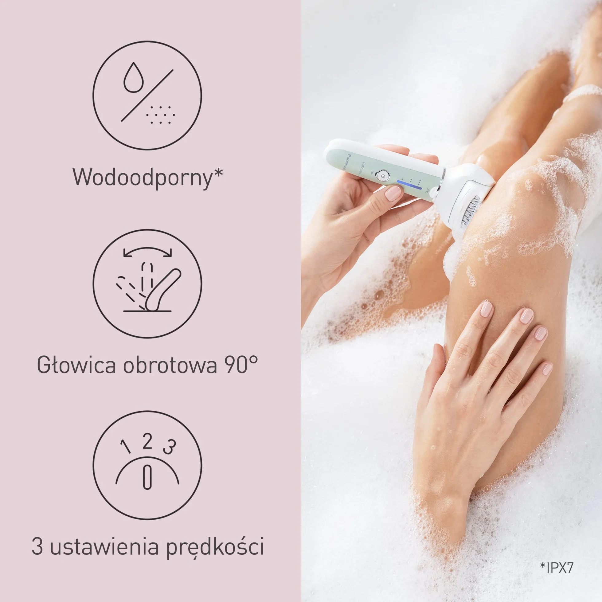 Panasonic ES-EY70-G503 Depilator mokry i suchy, podwójny dysk z 60 pincetami, elastyczna głowica obrotowa 90 °, 3 ustawienia prędkości i światło LED, czas pracy 30 minut, pielęgnacja stóp.
