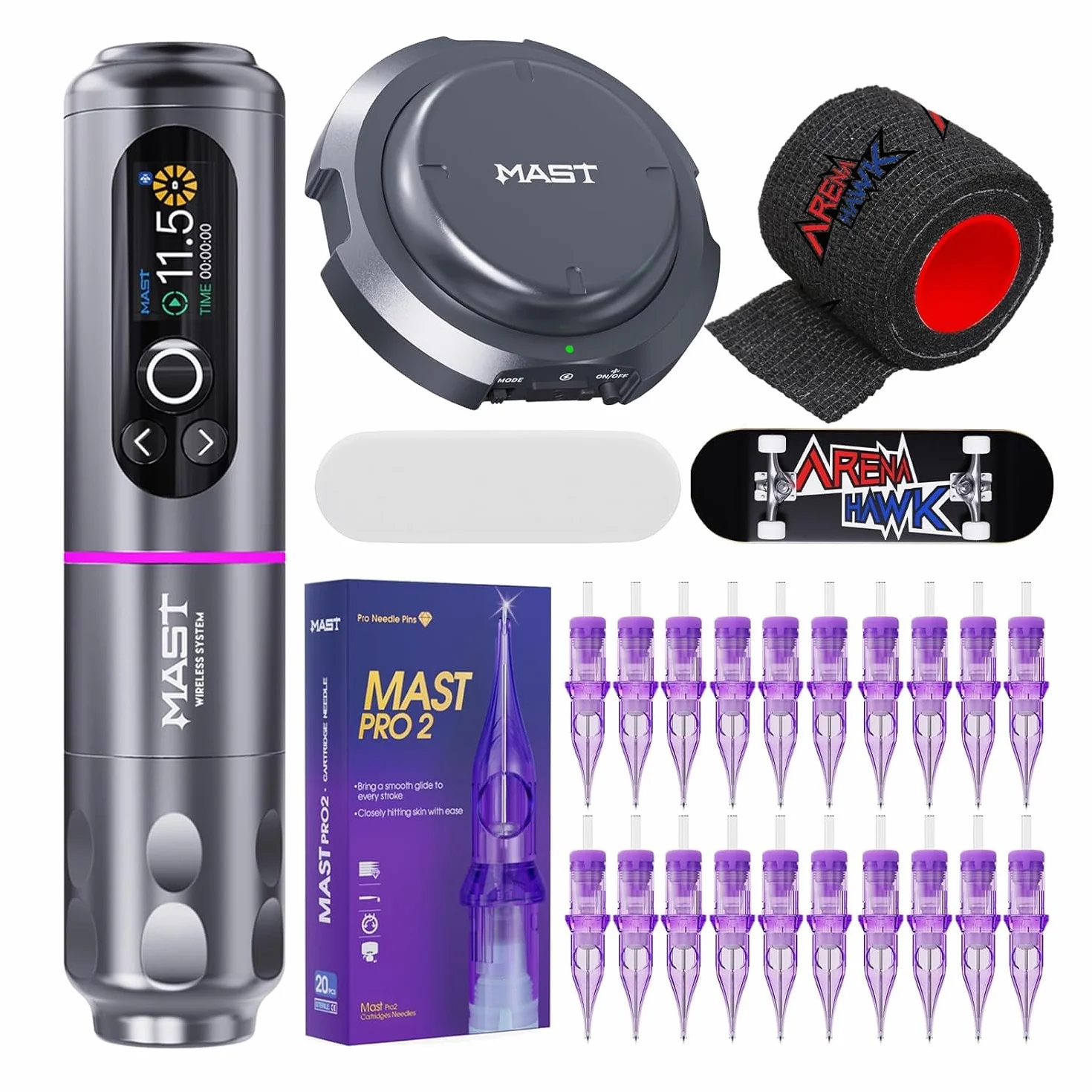 Mast Archer2 Wireless Tattoo Kit Rotary Pen Machine, Brushless Motor by Mcore, Smart Screen & 2000mAh Battery 3.5mm Stroke Length Wireless Foot Pedal