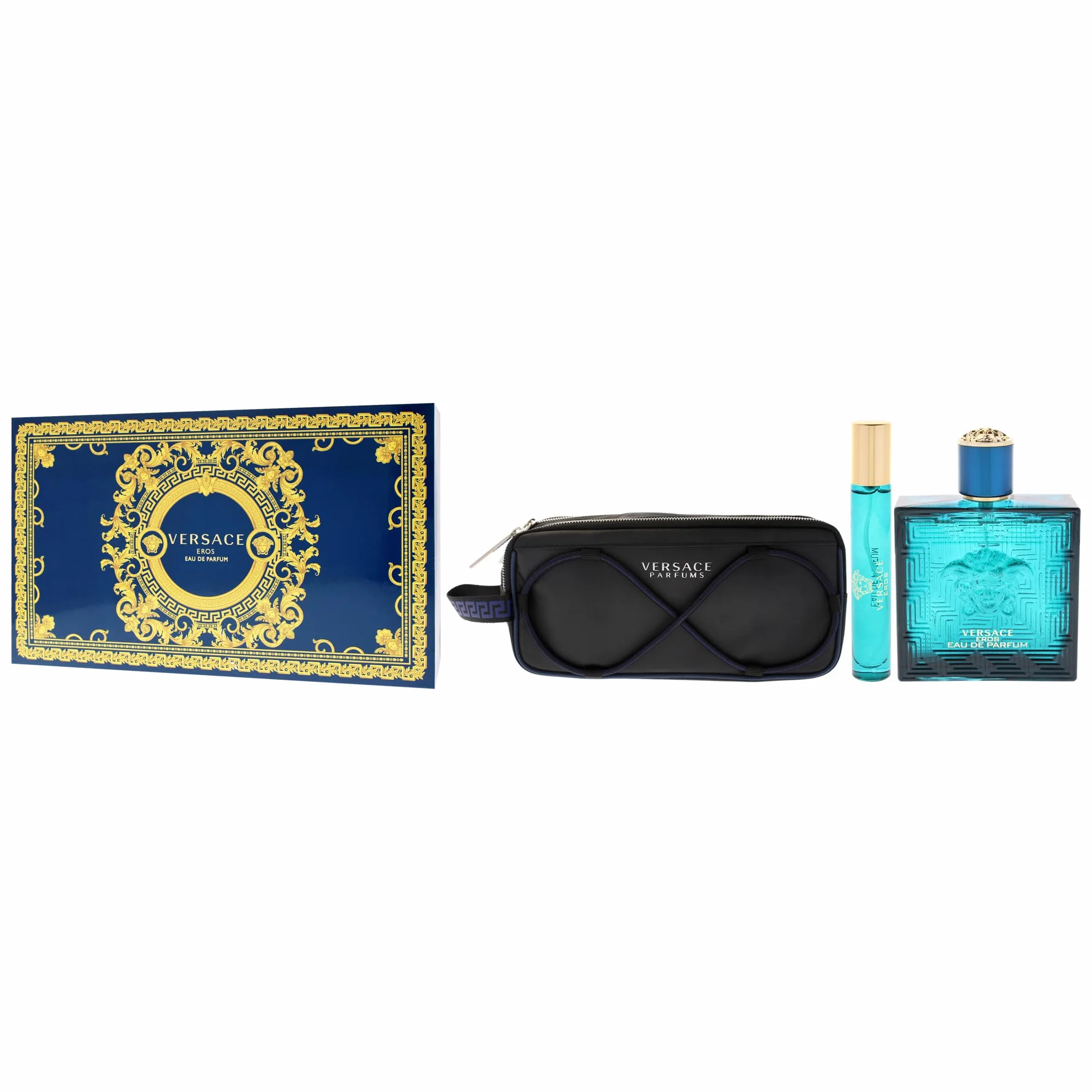 Versace Eros Eau de Parfum zestaw upominkowy 2025-100 ml EDP, spray podróżny 10 ml i torba na przybory toaletowe