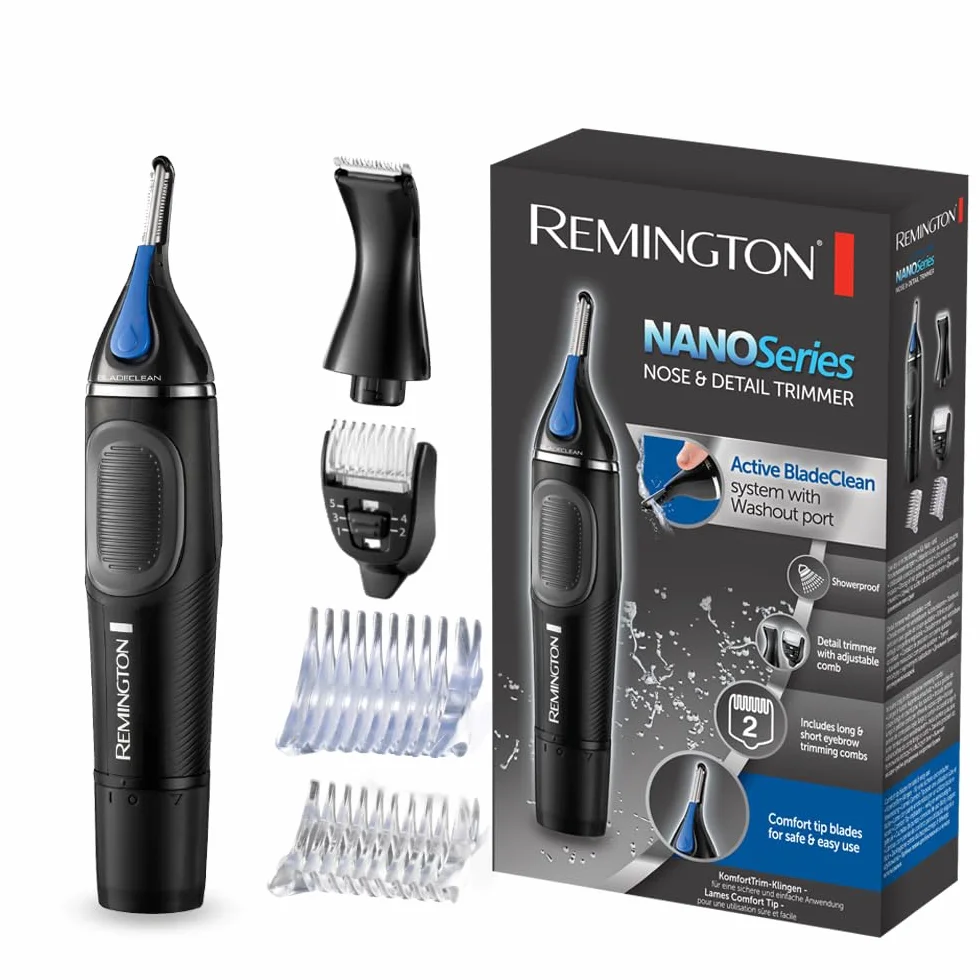 Remington trymer do nosa, uszu i brwi, stalowe ostrza Advanced Steel, trymer liniowy, na baterie 1x AAA, możliwośc mycia pod bieżącą wodą, czarny, Hygiene Clipper Lithium NanoSeries NE3870