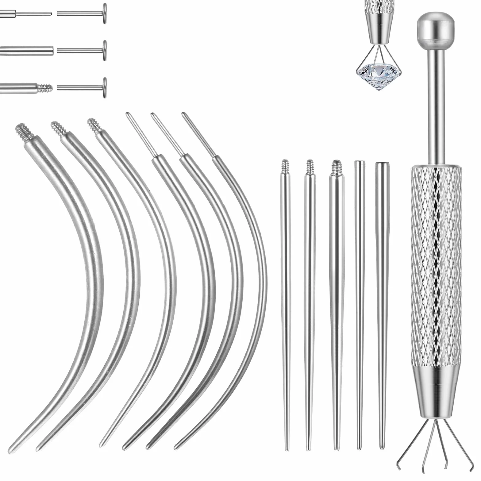 Zestaw 12 igieł do piercingu i pęsety kulkowe 14G, 16G, 18G, 20G, 20 G, zaciski do piercingu bez gwintu wewnętrznego i zewnętrznego