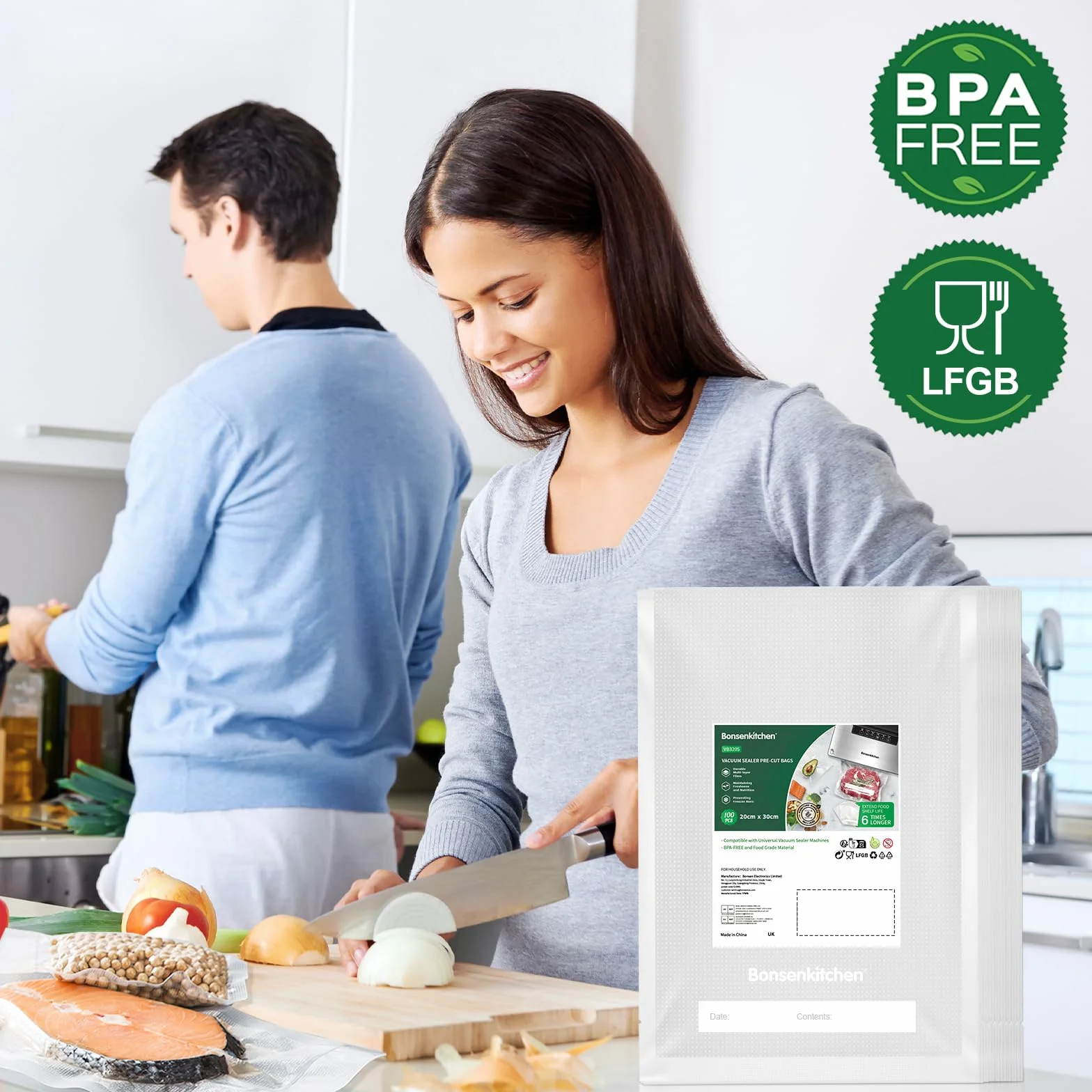 Bonsenkitchen Profesjonalne Worki Próżniowe, do Wszystkich Zgrzewarek Próżniowych, bez BPA, Odporne na Gotowanie, Worki do Zamrażania, do Sous Vide, 20 x 30 cm, 100 Worków