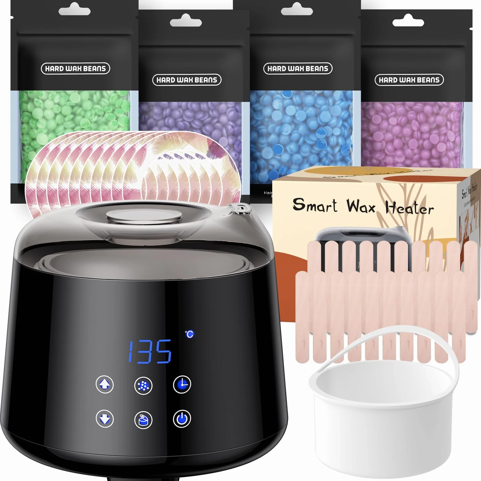 Waxing Set LCD, 2 tryby ogrzewania, podgrzewacz do usuwania włosów, 4 ziarna wosku, 20 drewnianych szpatułek, czas podgrzewania, usuwanie włosów w domu (czarny)
