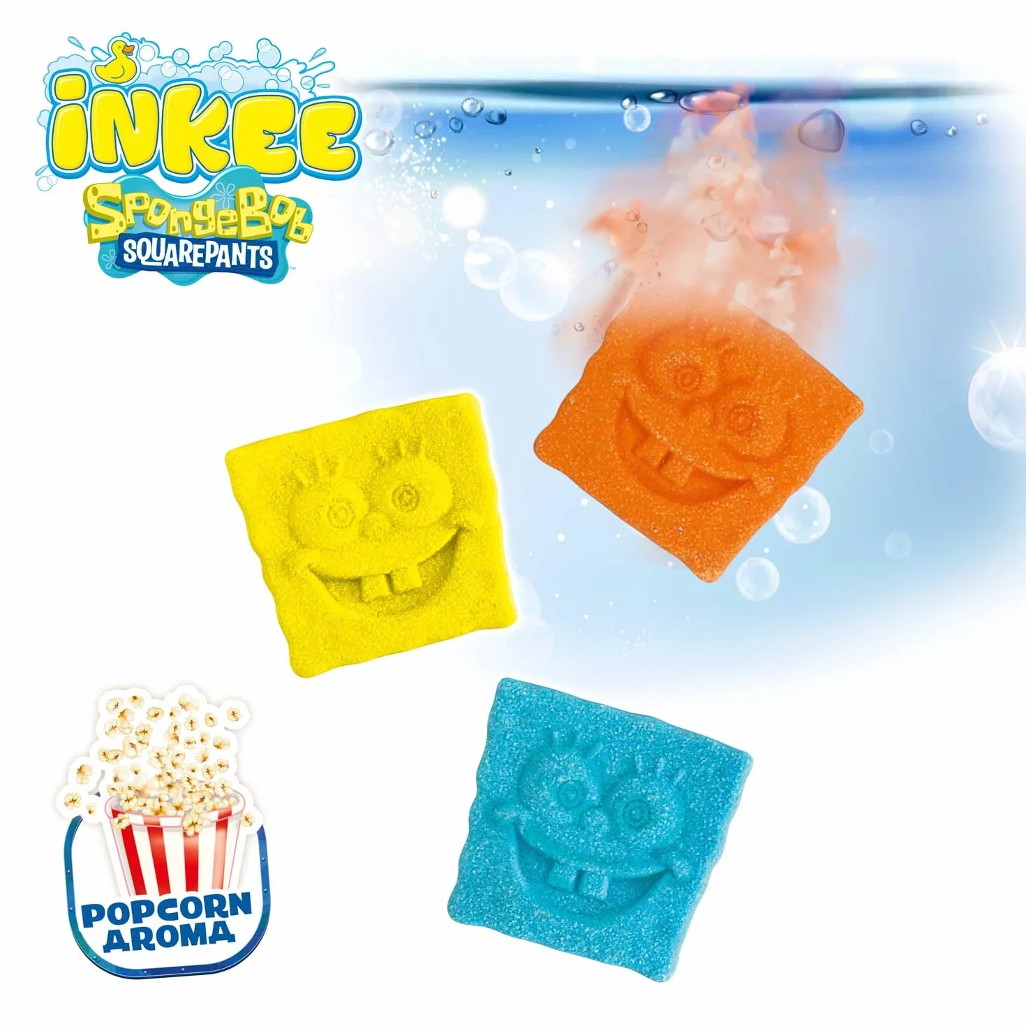 INKEE Mini Pack SpongeBob, Zestaw 3 Pompy Do Kąpieli Dla Dzieci Z Kształtami Jego Postacie SpongeBob I Aromat Popcorn, Bezpieczna Zabawa