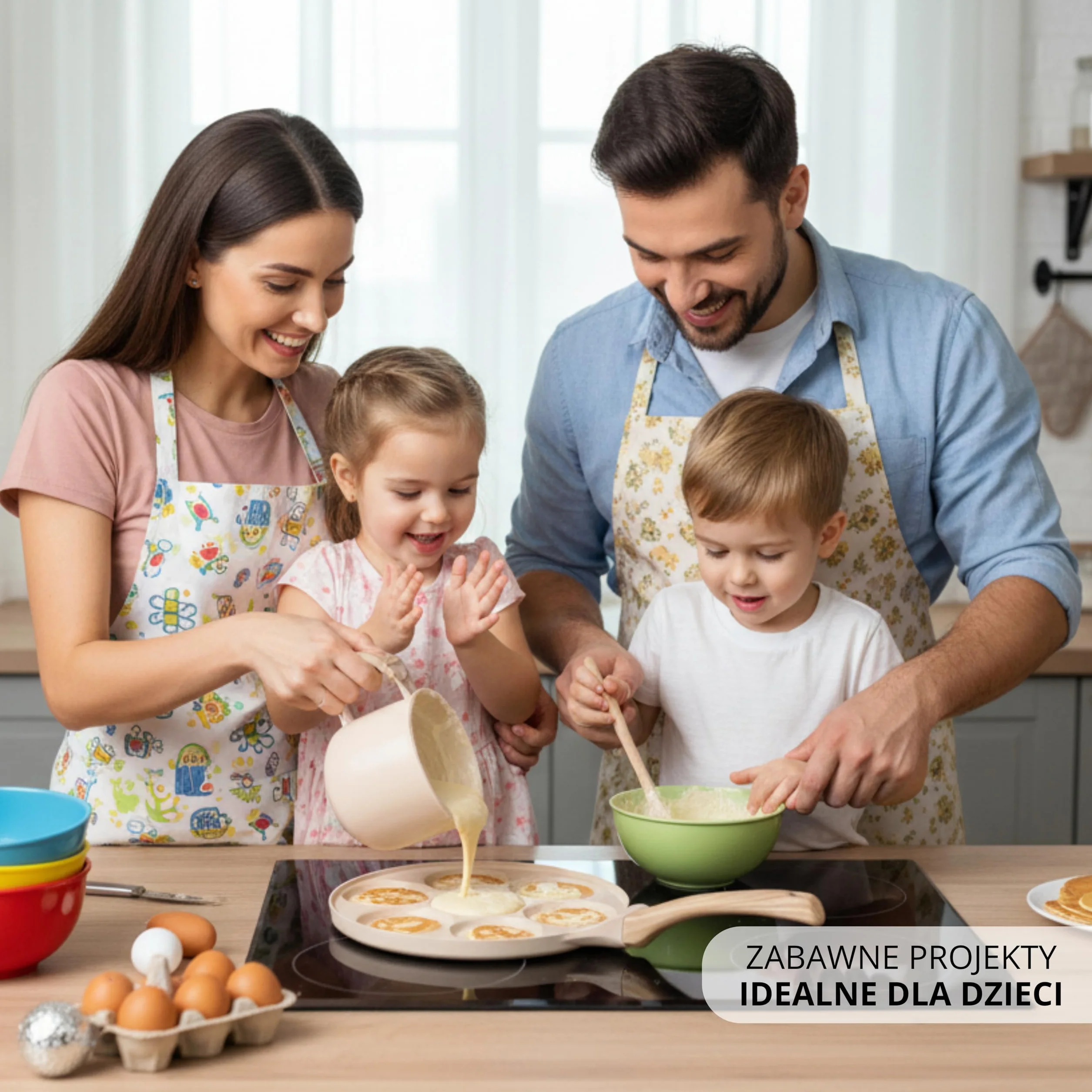 Erreke Patelnia do naleśników, nieprzywierająca, do wszystkich rodzajów kuchenek i płyt indukcyjnych, wesoły wzór dla dzieci i do gotowania, miękki uchwyt, 26 cm, kolor Niebieski.
