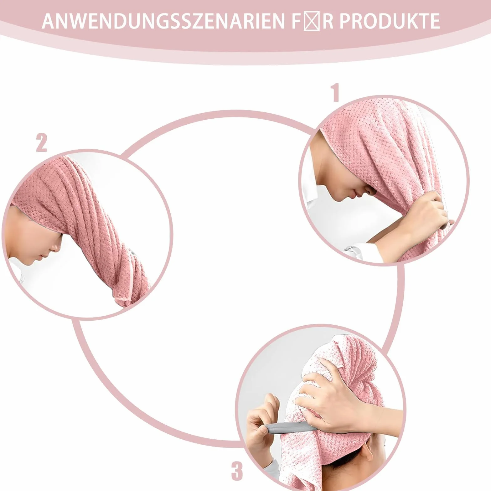 Ręcznik z mikrofibry, do włosów z elastyczną linką, ręcznik do włosów, z mikrofibry, turban do włosów, 100 x 60 cm, szybkoschnący, super chłonny, 3 sztuki