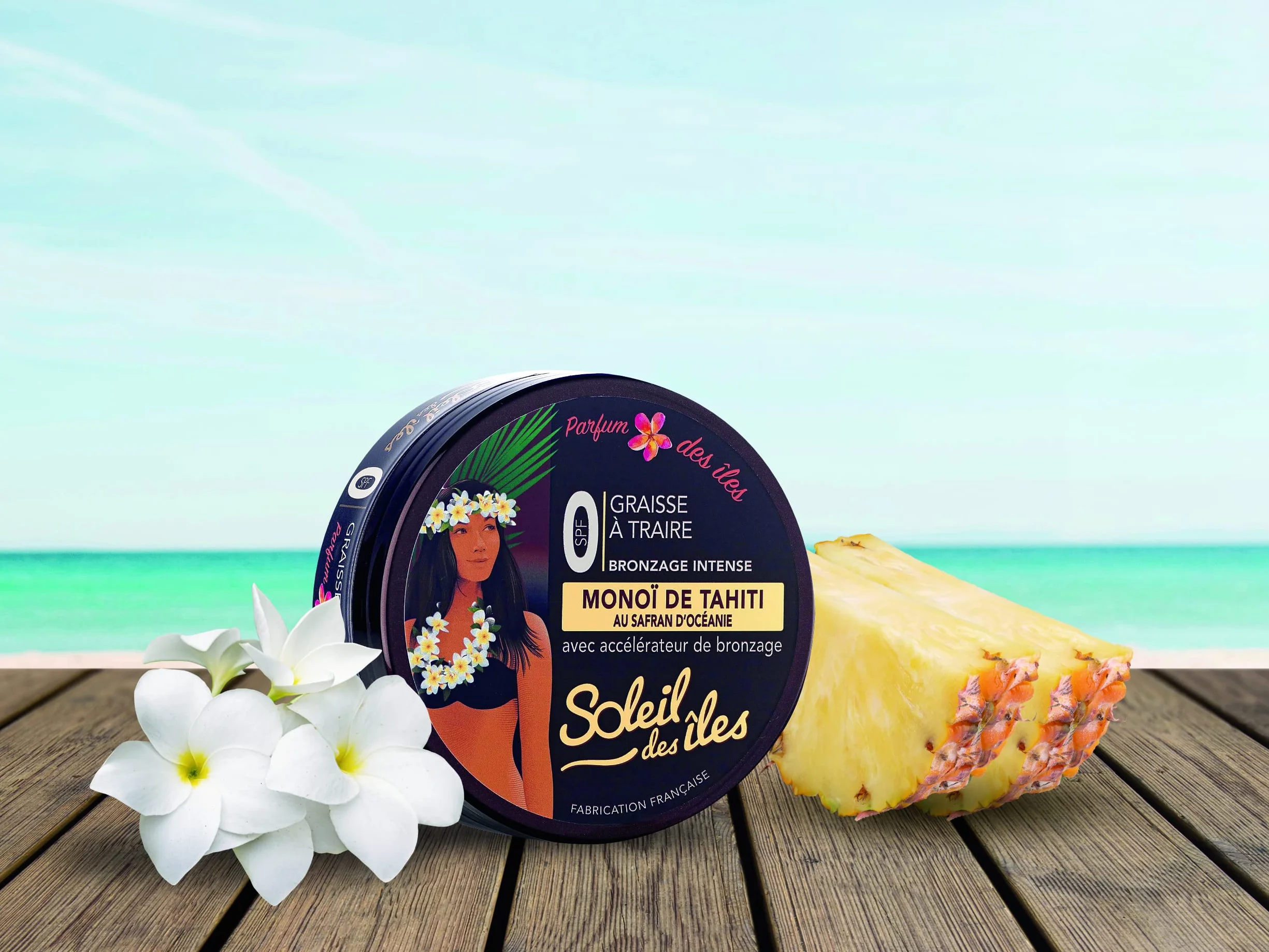 Soleil des Iles | Smar do doju Monoi de Tahiti + Rea, akcelerator opalania, wodoodporny, perfumy wysp, wyprodukowano we Francji