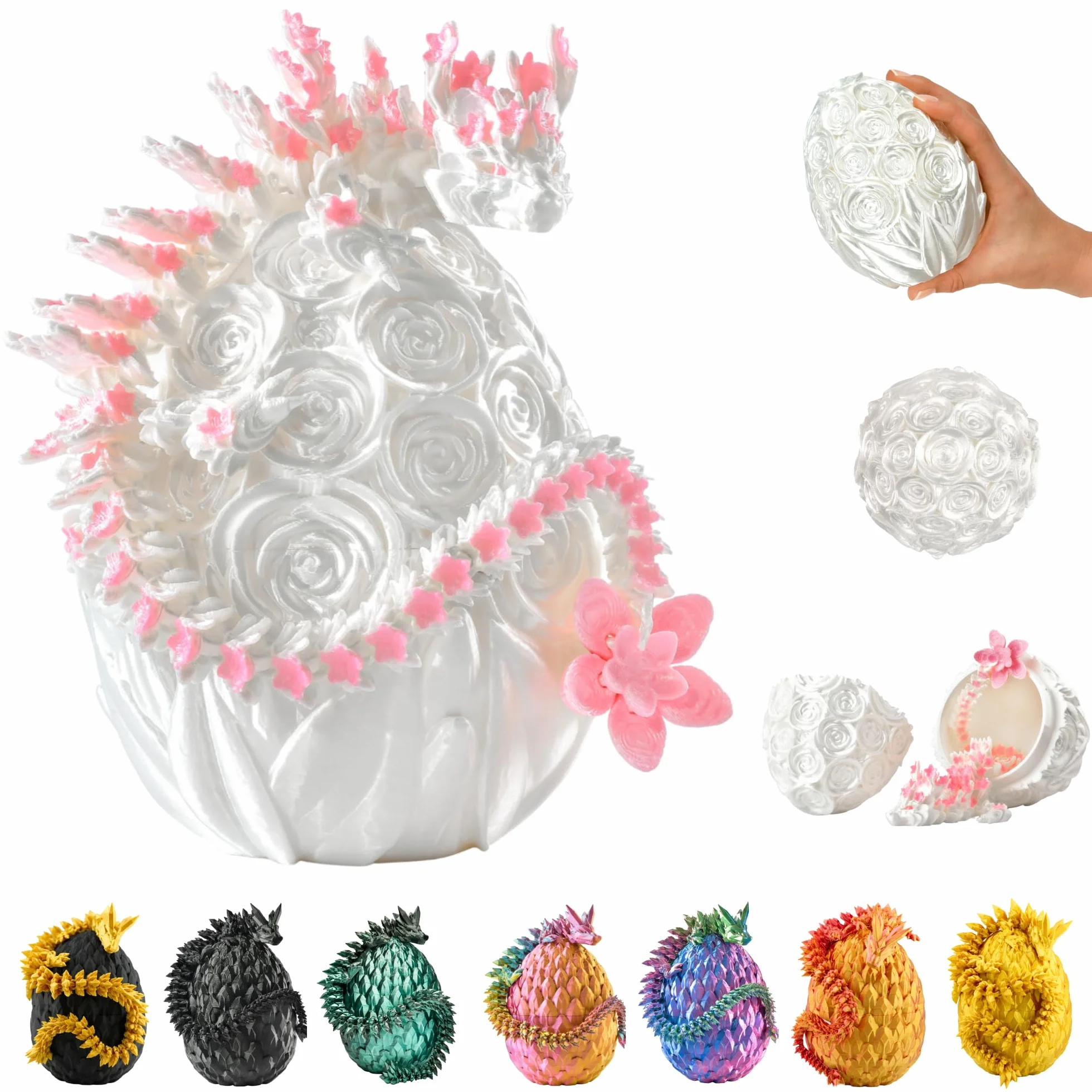 Smok 3D w jajku – 33 cm, figurka dekoracyjna i kolekcjonerska z jajkiem 12 cm, biało-różowy smok fantasy z kwiatem, ruchoma figurka kolekcjonerska